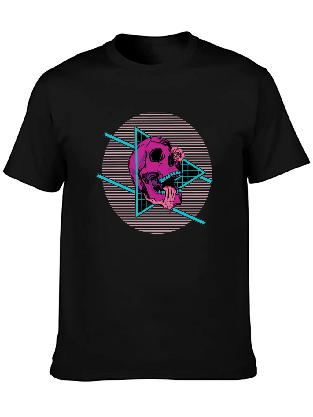 Vaporwave Synthwave Skeleton Rose Skull Unisex Short Sleeve Soft Cotton T-Shirt – Casual Everyday Wear