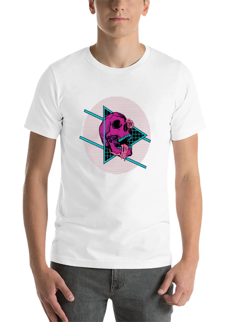 Vaporwave Synthwave Skeleton Rose Skull Unisex Short Sleeve Soft Cotton T-Shirt – Casual Everyday Wear