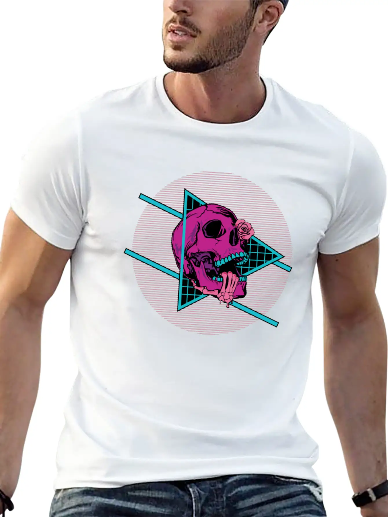 Vaporwave Synthwave Skeleton Rose Skull Unisex Short Sleeve Soft Cotton T-Shirt – Casual Everyday Wear