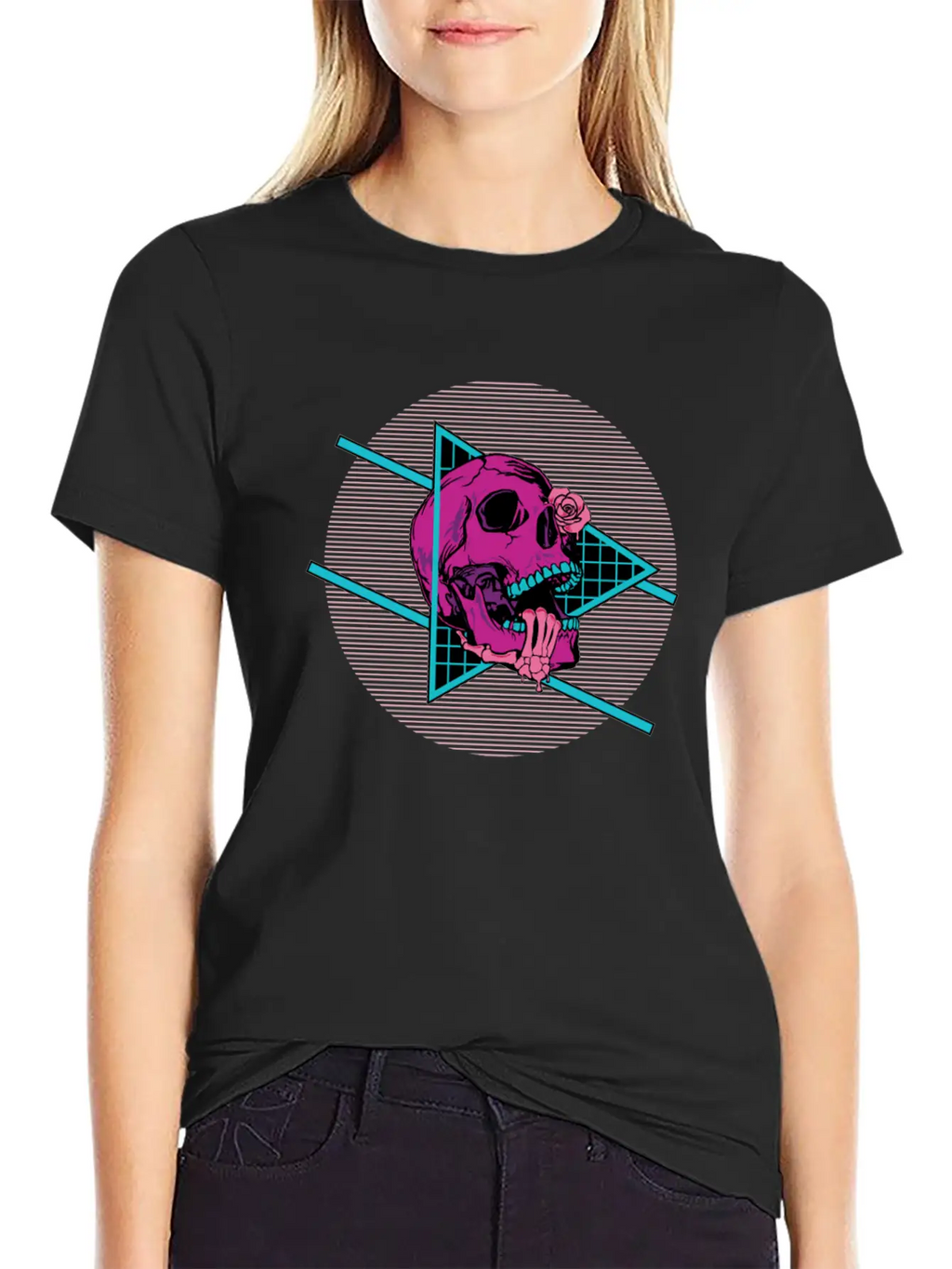 Vaporwave Synthwave Skeleton Rose Skull Unisex Short Sleeve Soft Cotton T-Shirt – Casual Everyday Wear
