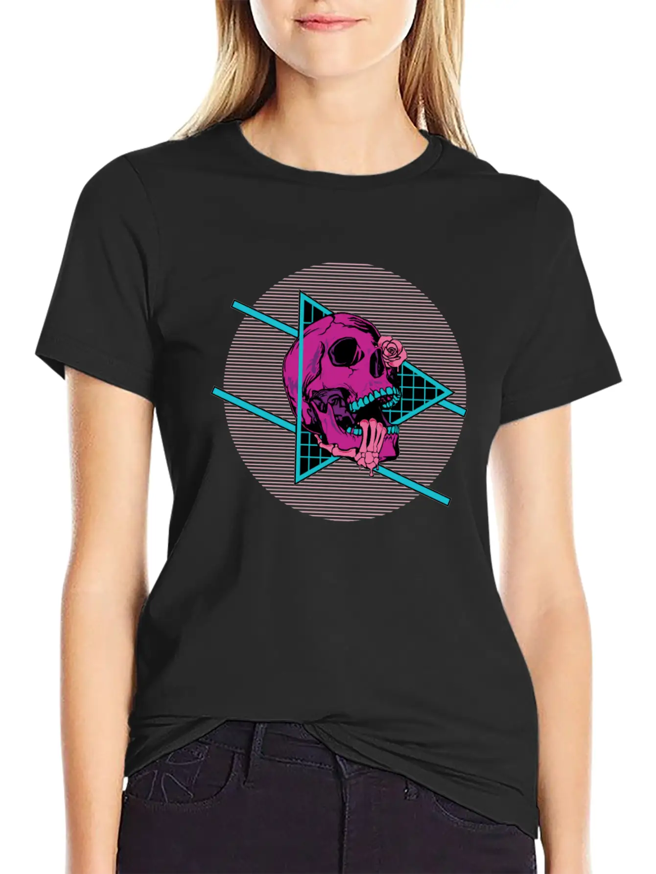 Vaporwave Synthwave Skeleton Rose Skull Unisex Short Sleeve Soft Cotton T-Shirt – Casual Everyday Wear