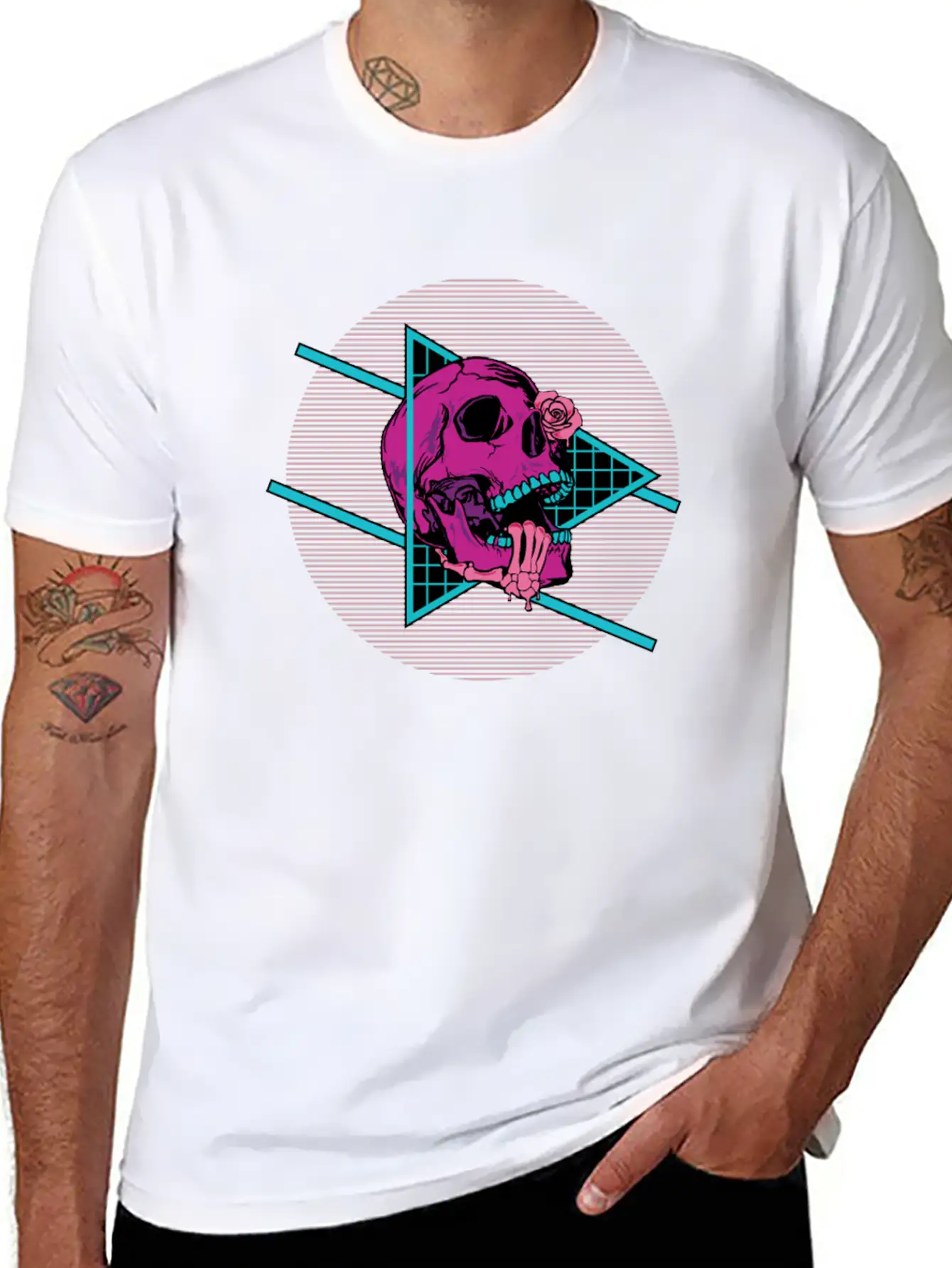 Vaporwave Synthwave Skeleton Rose Skull Unisex Short Sleeve Soft Cotton T-Shirt – Casual Everyday Wear