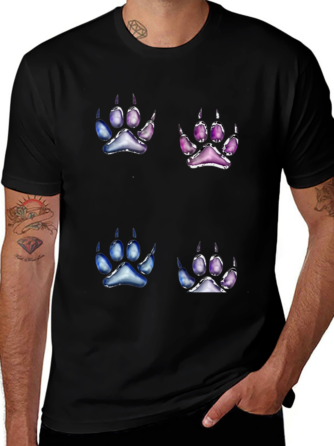 Unique Paw Print Graphic Tee - Black Cotton Blend