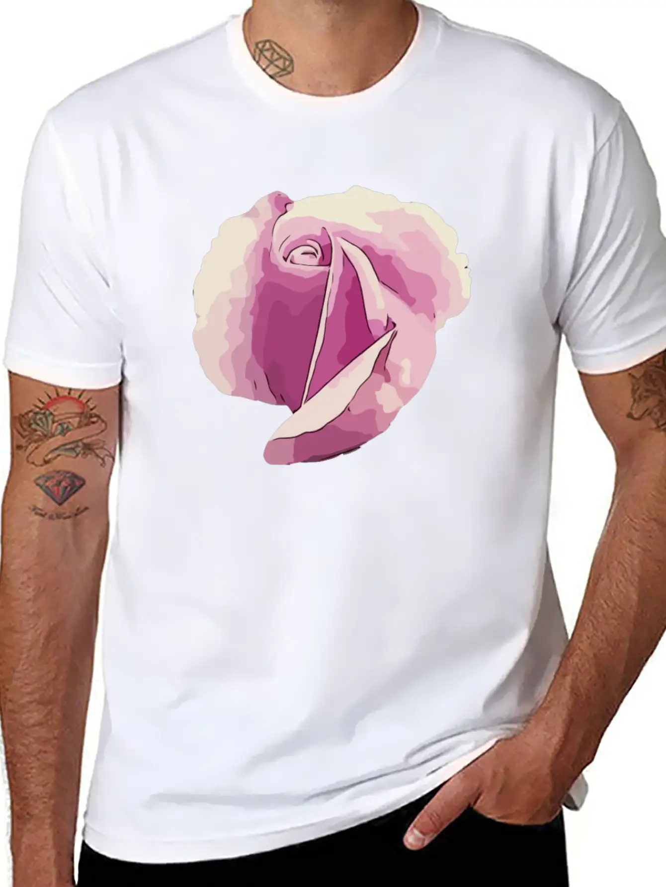 Vintage Pink Rose Bud Flower Digital Art Gardener Unisex Short Sleeve Soft Cotton T-Shirt – Casual Everyday Wear