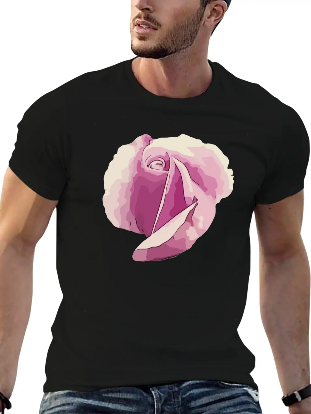 Vintage Pink Rose Bud Flower Digital Art Gardener Unisex Short Sleeve Soft Cotton T-Shirt – Casual Everyday Wear