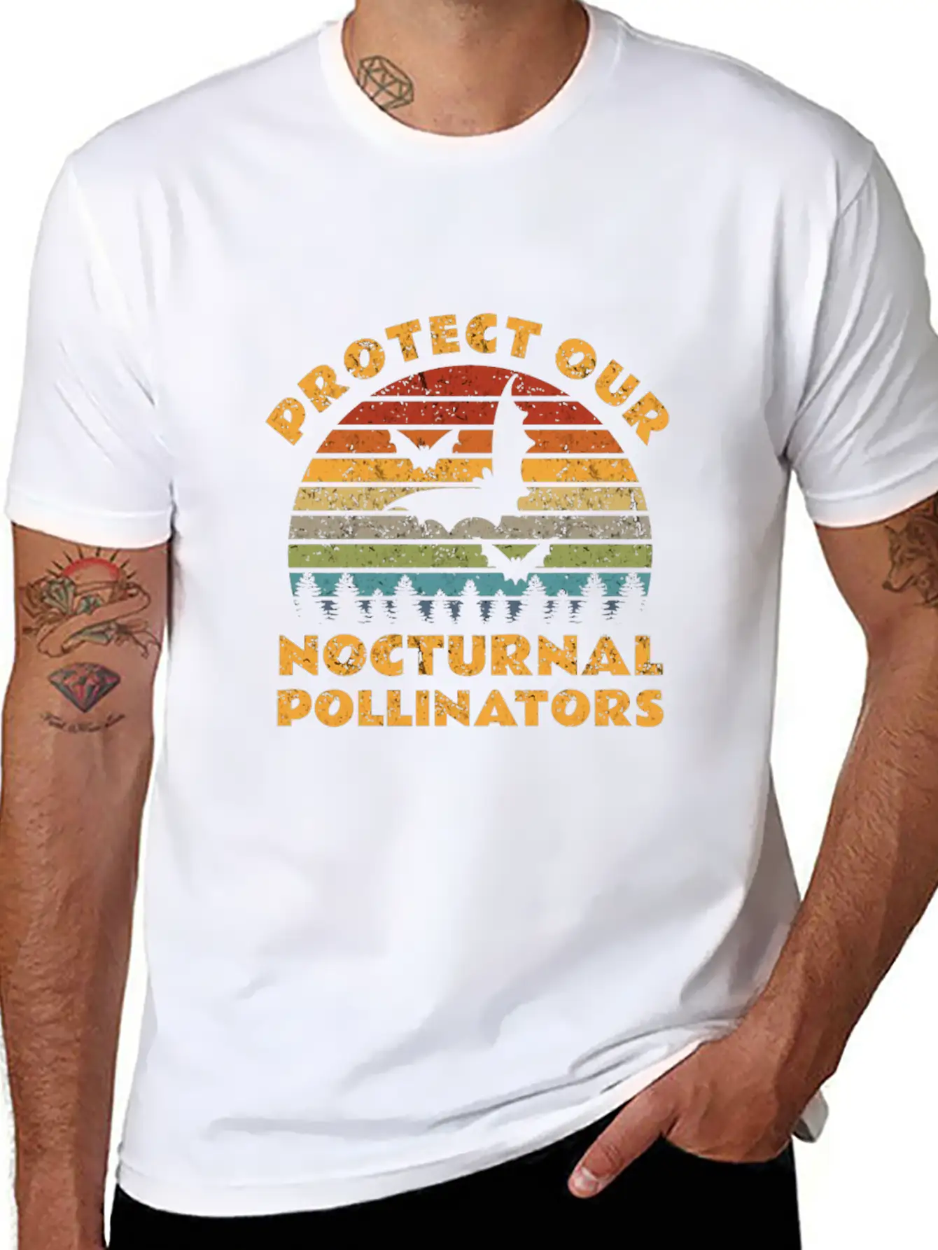 Vintage Protect Our Nocturnal Pollinators Retro Ba Casual Graphic T-Shirt – Simple And Comfortable Daily Wear