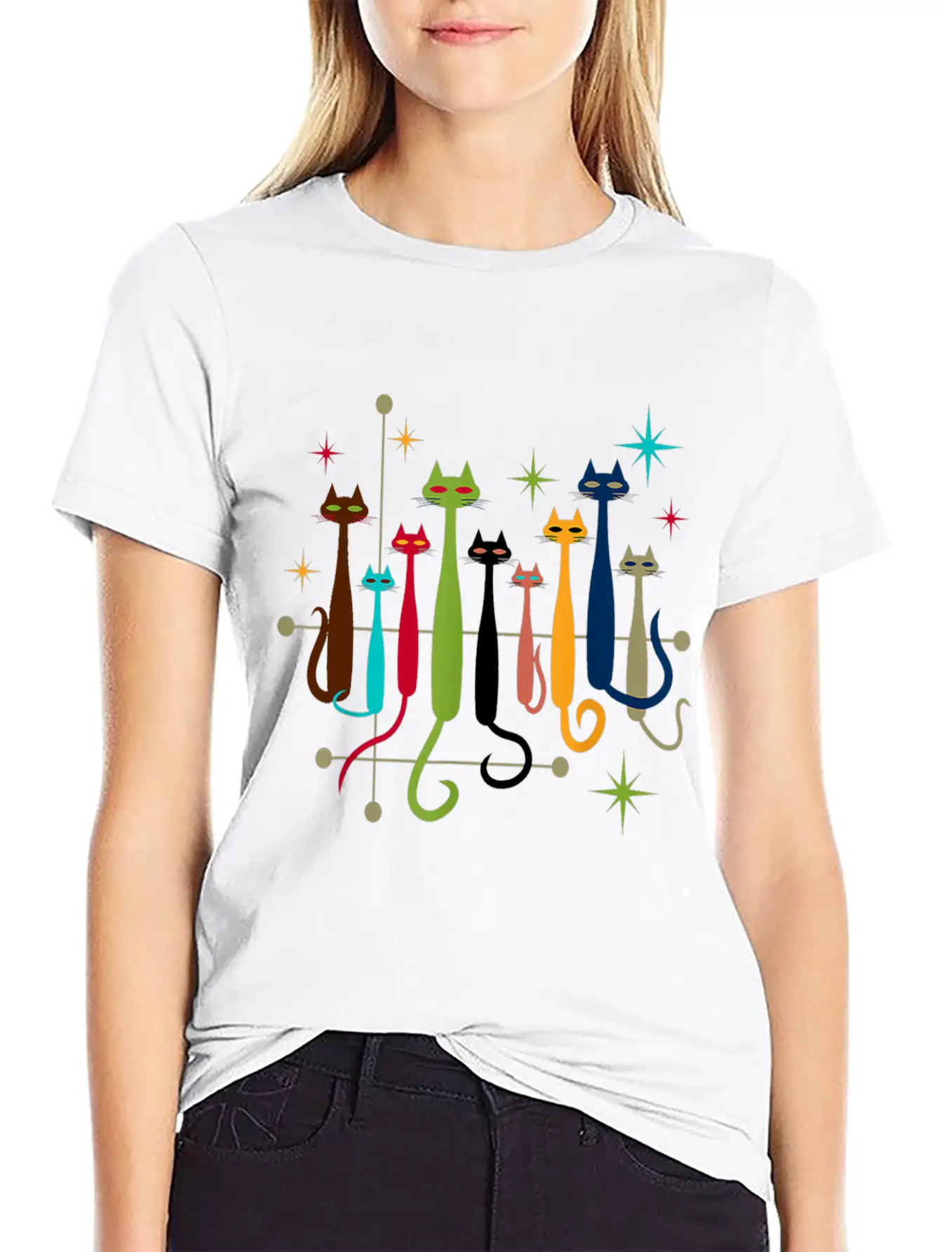 Vintage Retro Mid Century Modern Look Cats Essential Cotton Tee For Daily Outfits – Unisex Style