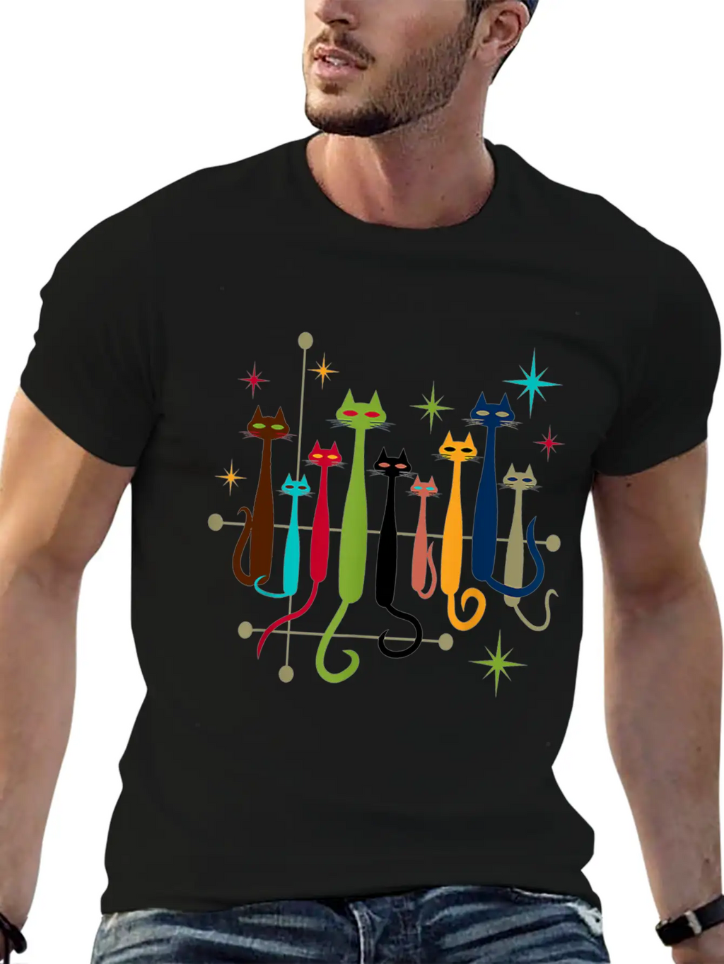 Vintage Retro Mid Century Modern Look Cats Essential Cotton Tee For Daily Outfits – Unisex Style