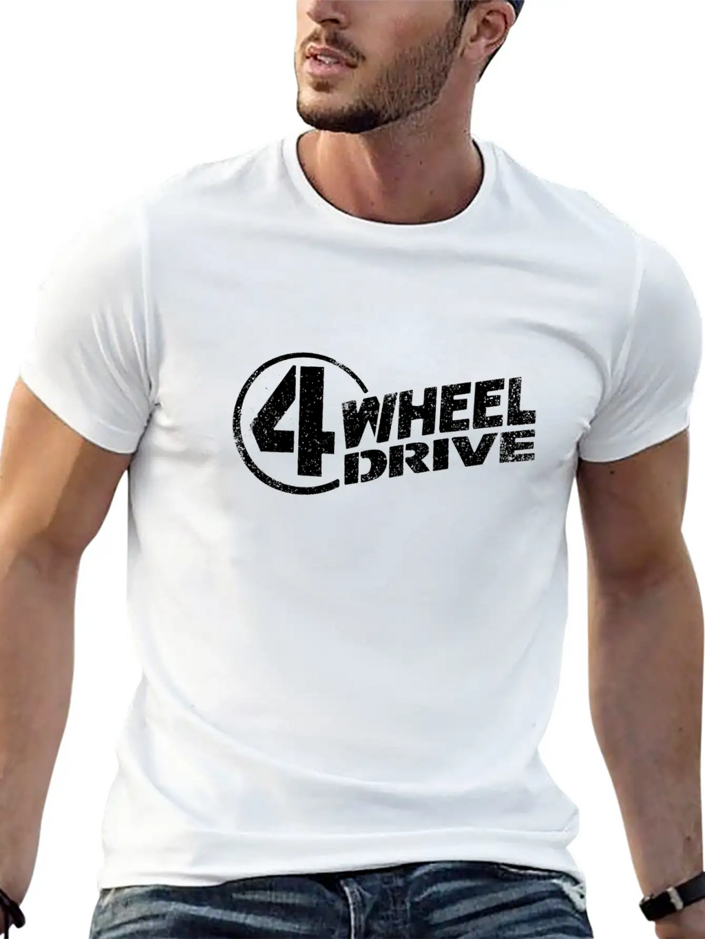 Vintage White & Distressed 4 Wheel Drive Logo T-Sh Unisex Short Sleeve Soft Cotton T-Shirt – Casual Everyday Wear