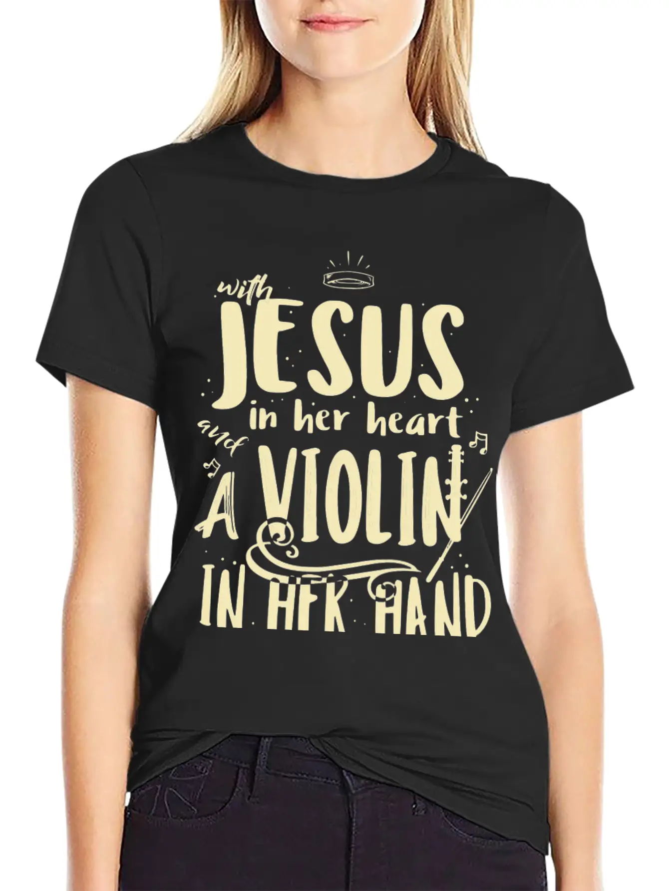 Violin Teacher Player With Jesus In Her Heart Stylish Everyday T-Shirt – Unisex Basic Cotton Tee