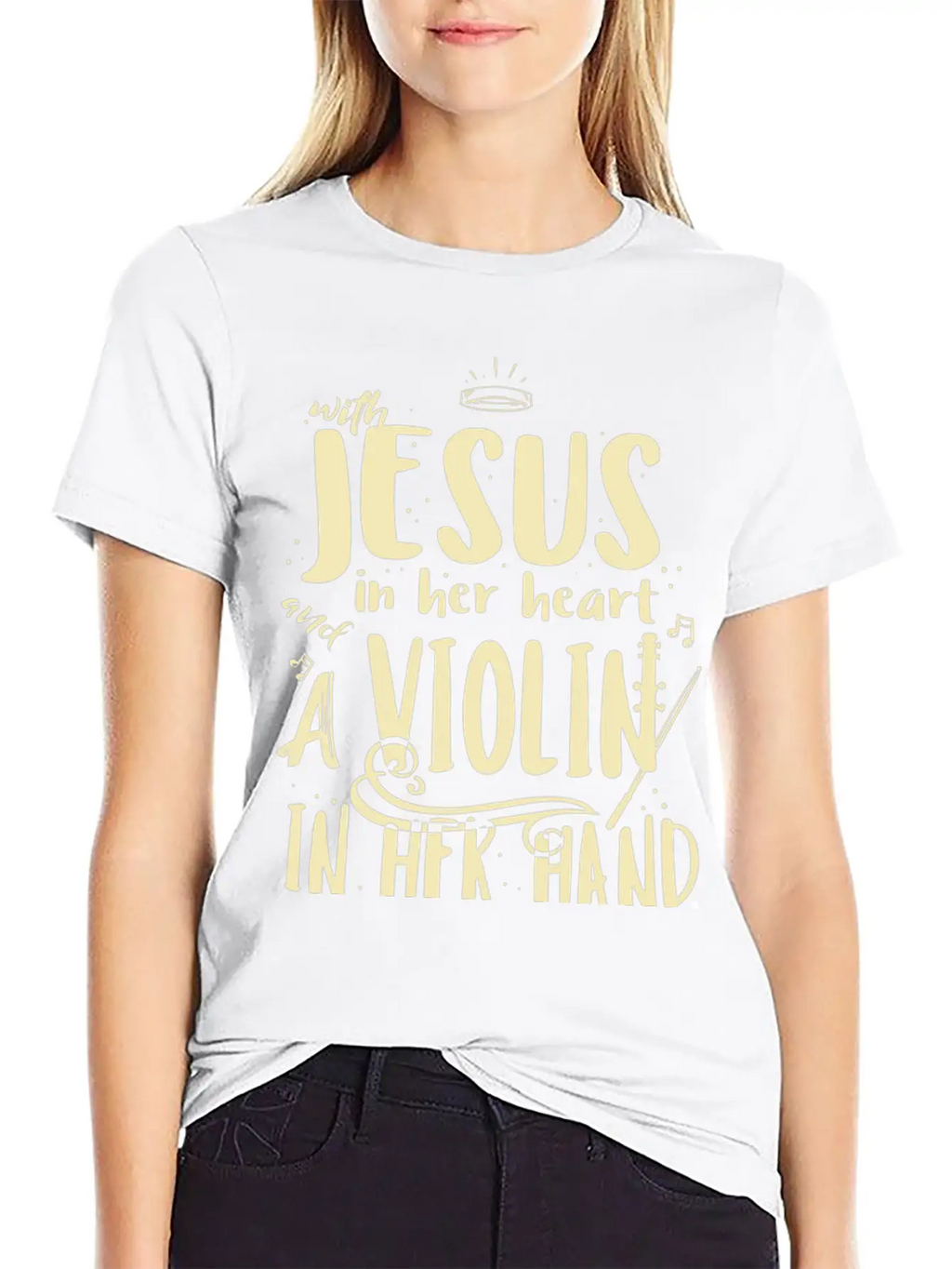 Violin Teacher Player With Jesus In Her Heart Stylish Everyday T-Shirt – Unisex Basic Cotton Tee