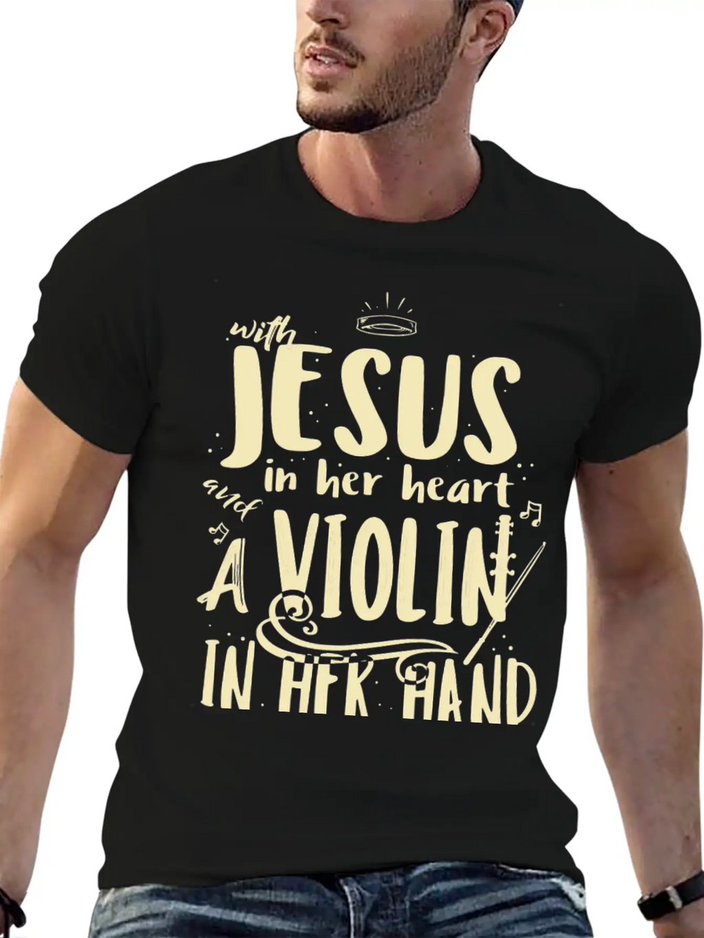 Violin Teacher Player With Jesus In Her Heart Stylish Everyday T-Shirt – Unisex Basic Cotton Tee