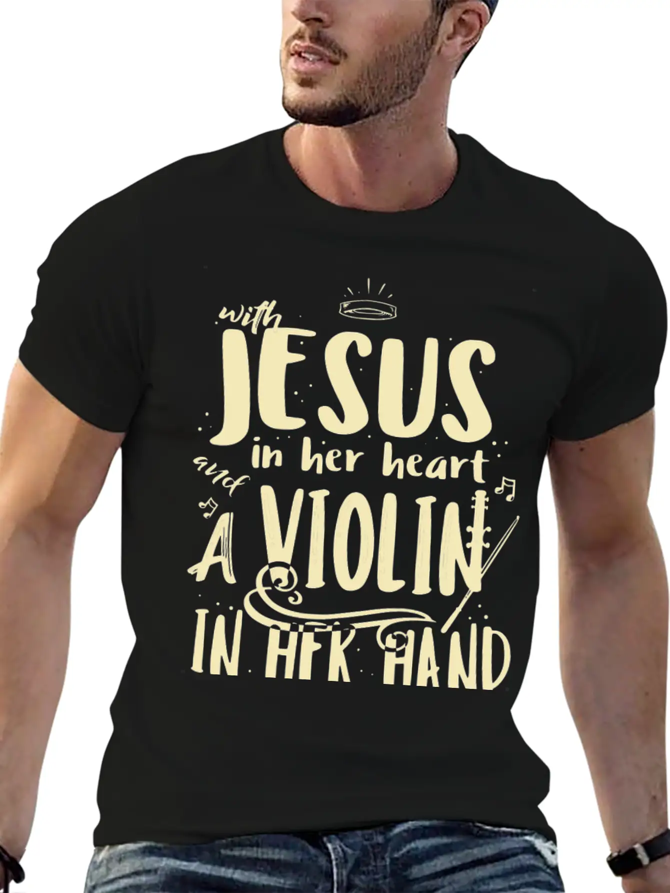 Violin Teacher Player With Jesus In Her Heart Stylish Everyday T-Shirt – Unisex Basic Cotton Tee