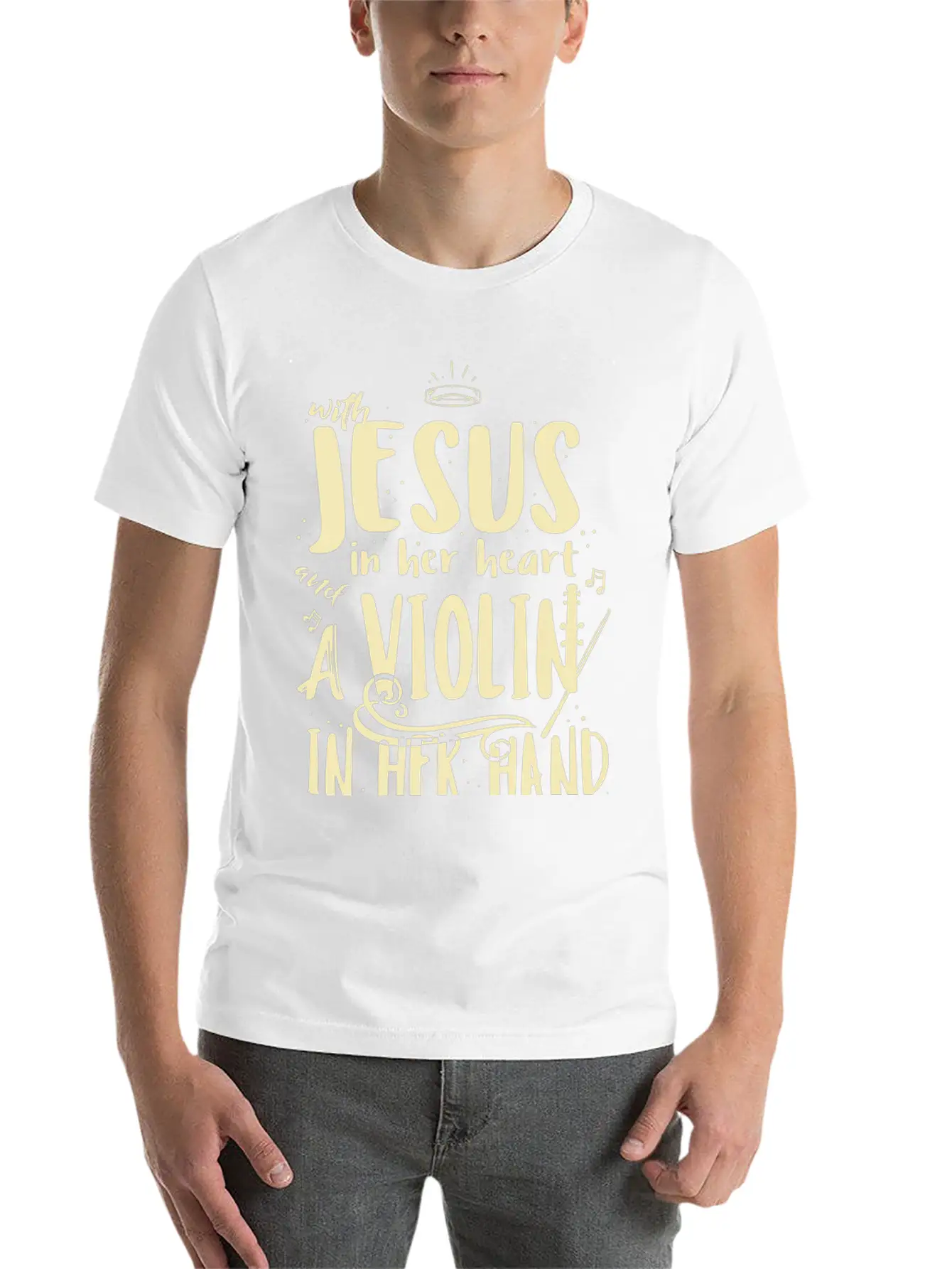 Violin Teacher Player With Jesus In Her Heart Stylish Everyday T-Shirt – Unisex Basic Cotton Tee