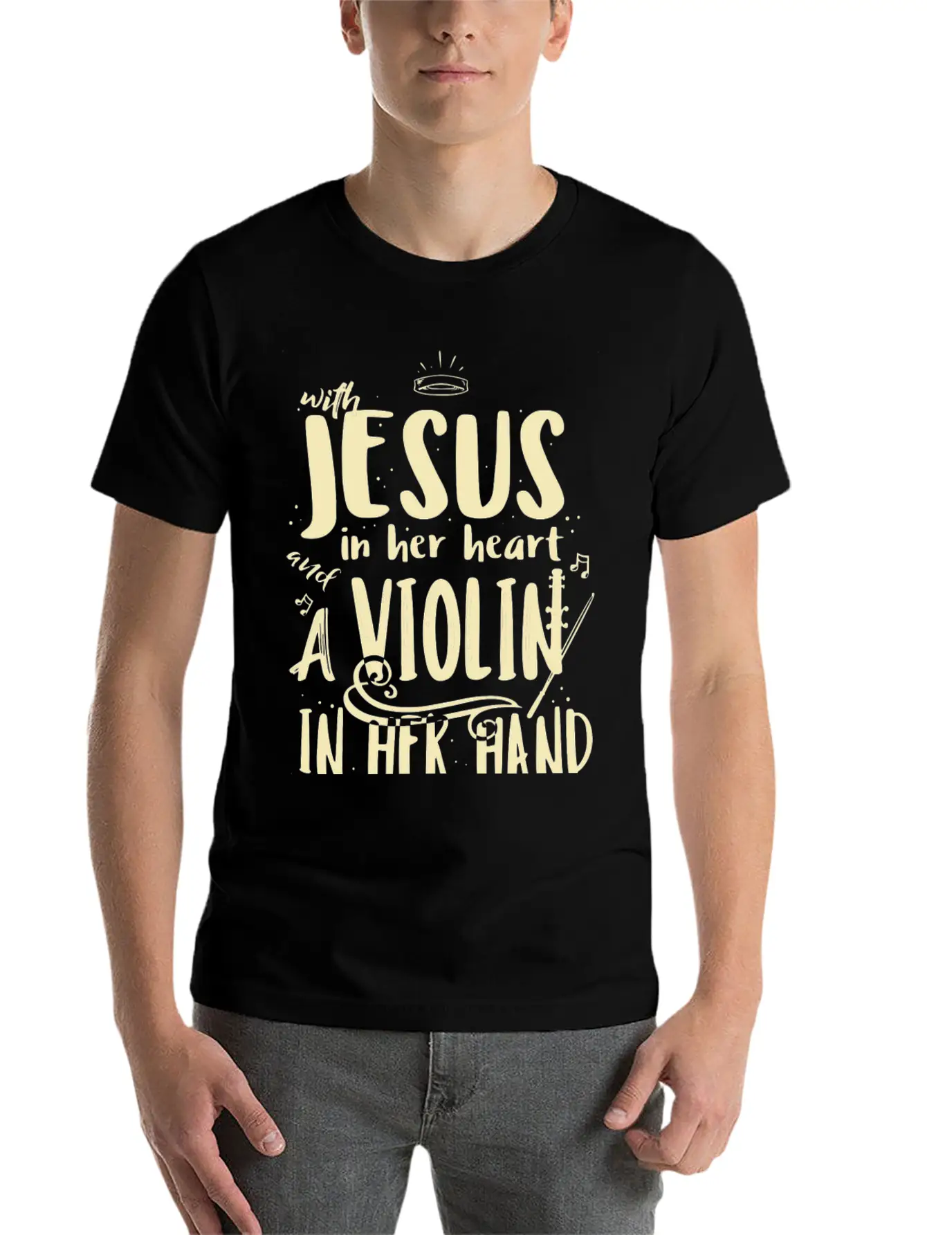 Violin Teacher Player With Jesus In Her Heart Stylish Everyday T-Shirt – Unisex Basic Cotton Tee