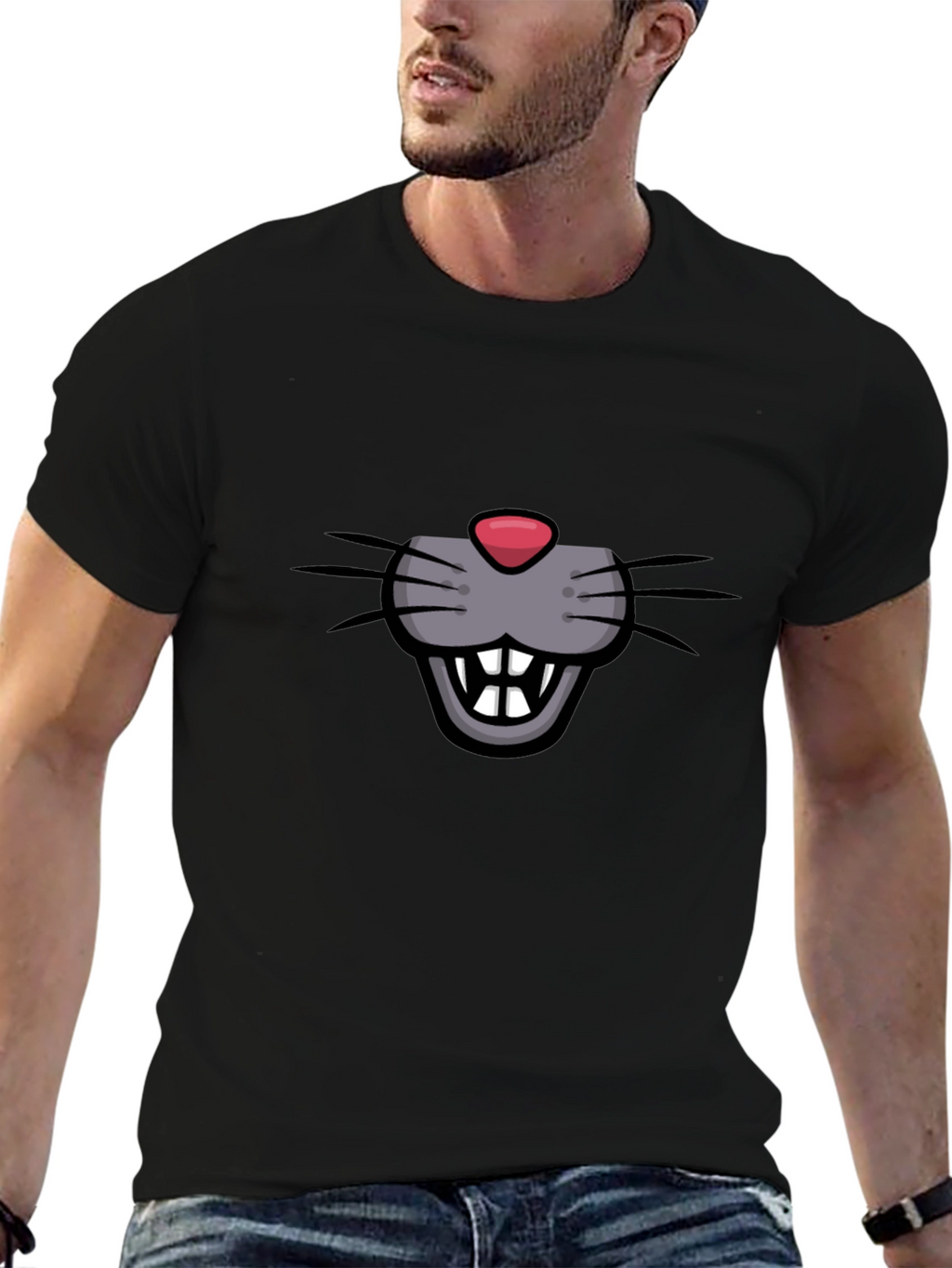 Cartoon Mouse Face Graphic Tee - Black