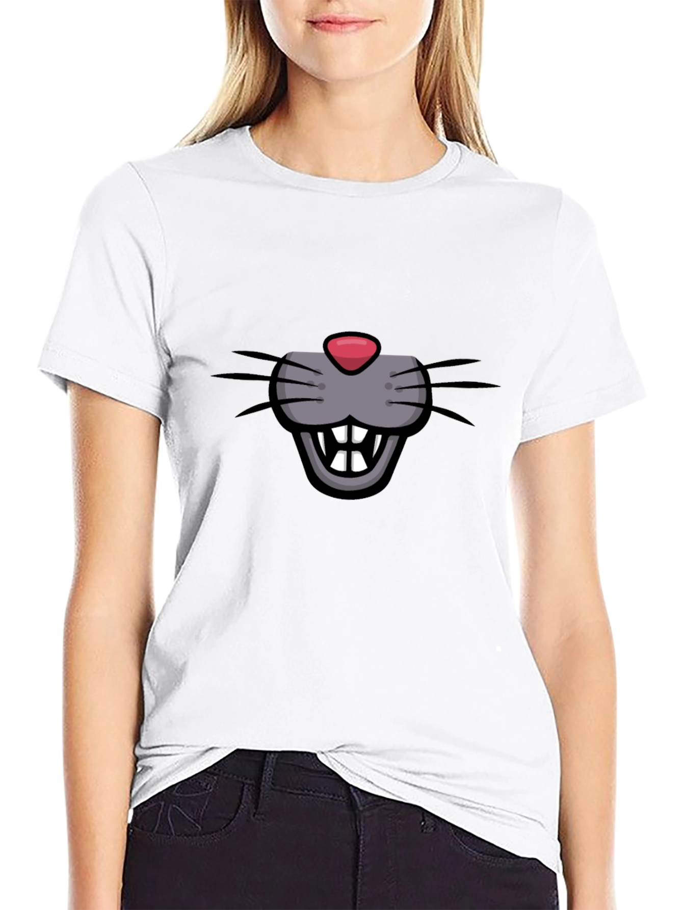 Cartoon Mouse Face Graphic Tee - Black