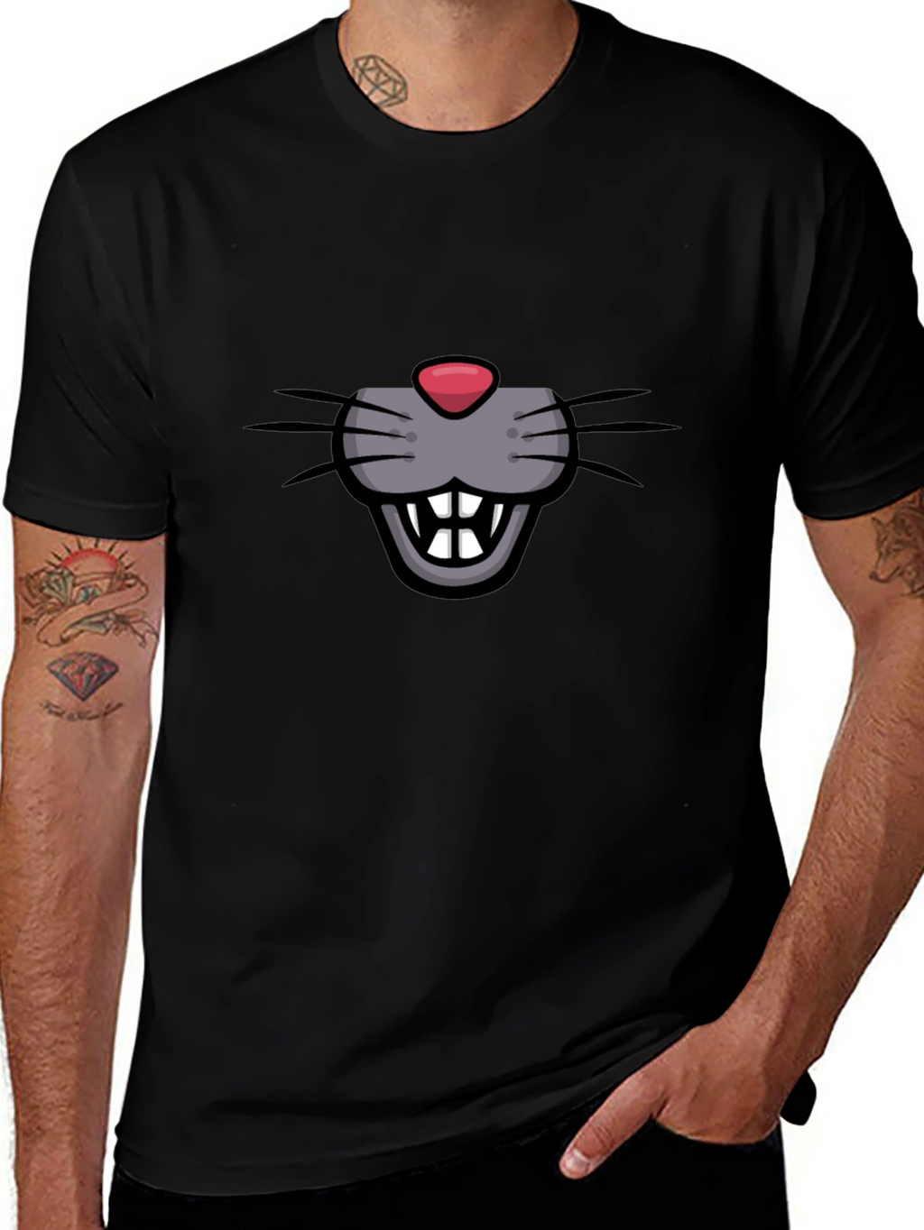 Cartoon Mouse Face Graphic Tee - Black