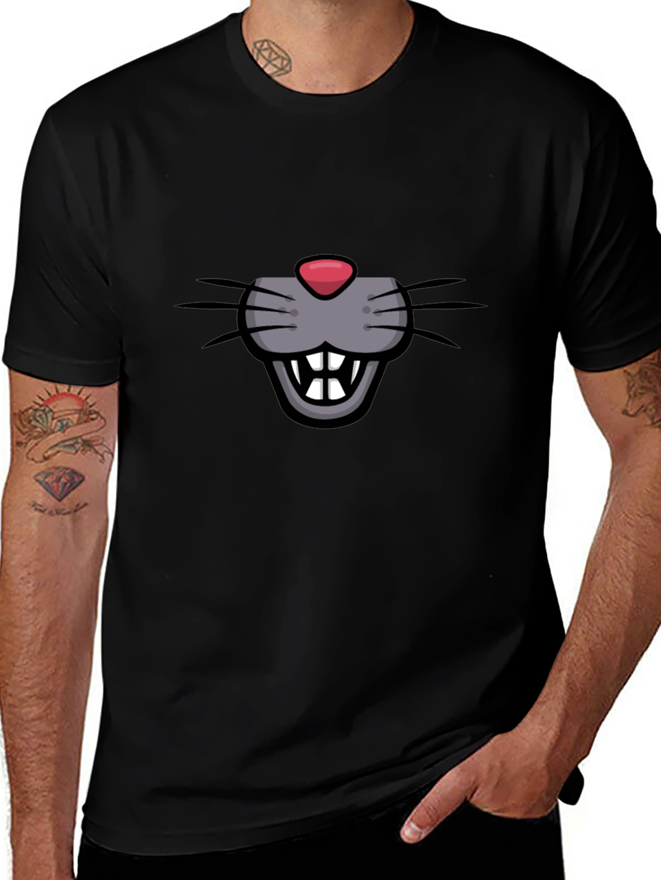 Cartoon Mouse Face Graphic Tee - Black