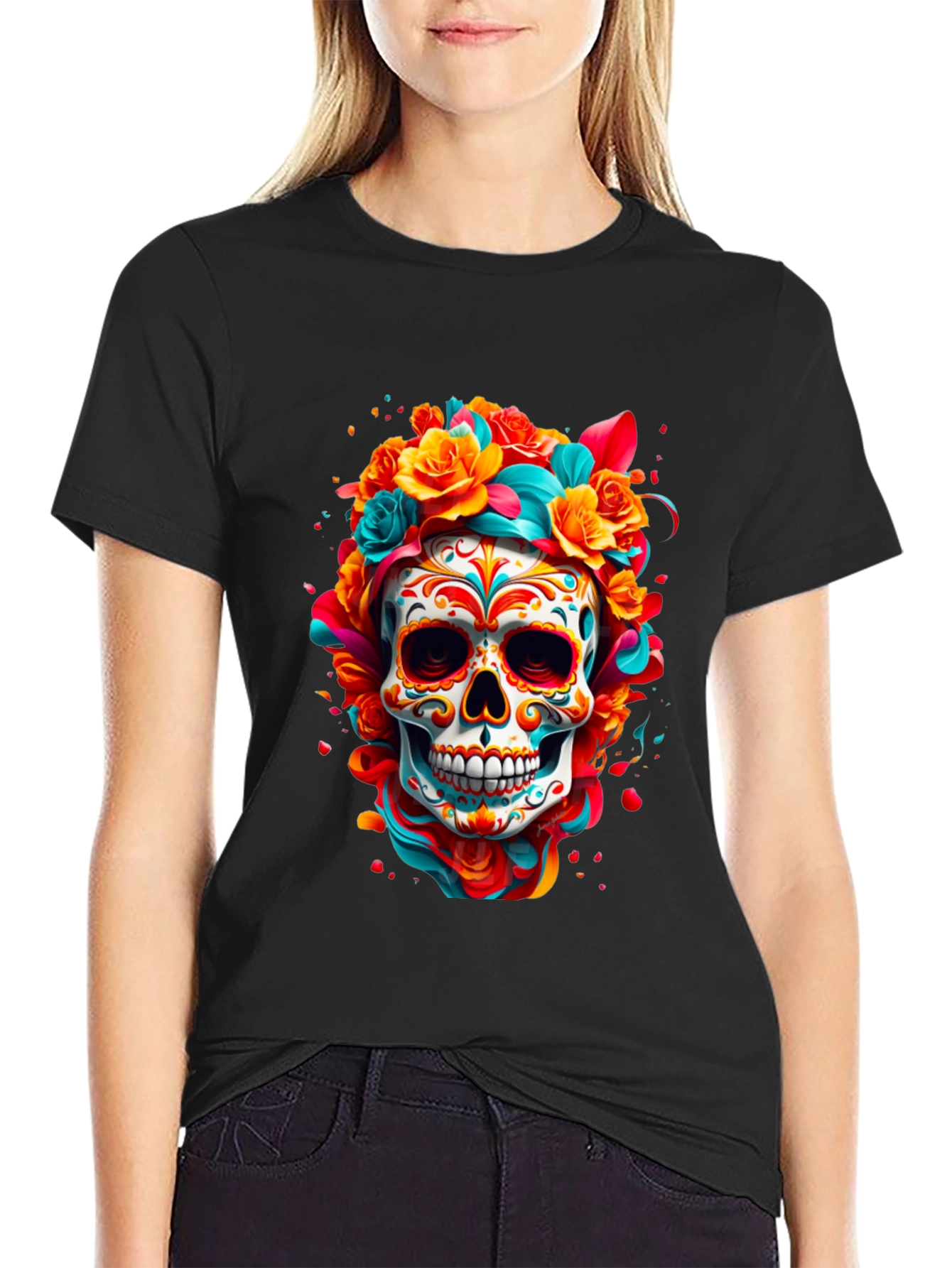 Sugar Skull Floral T-Shirt - Day of the Dead Design