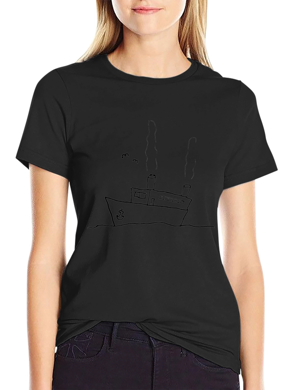 Black T-Shirt with Ship Graphic