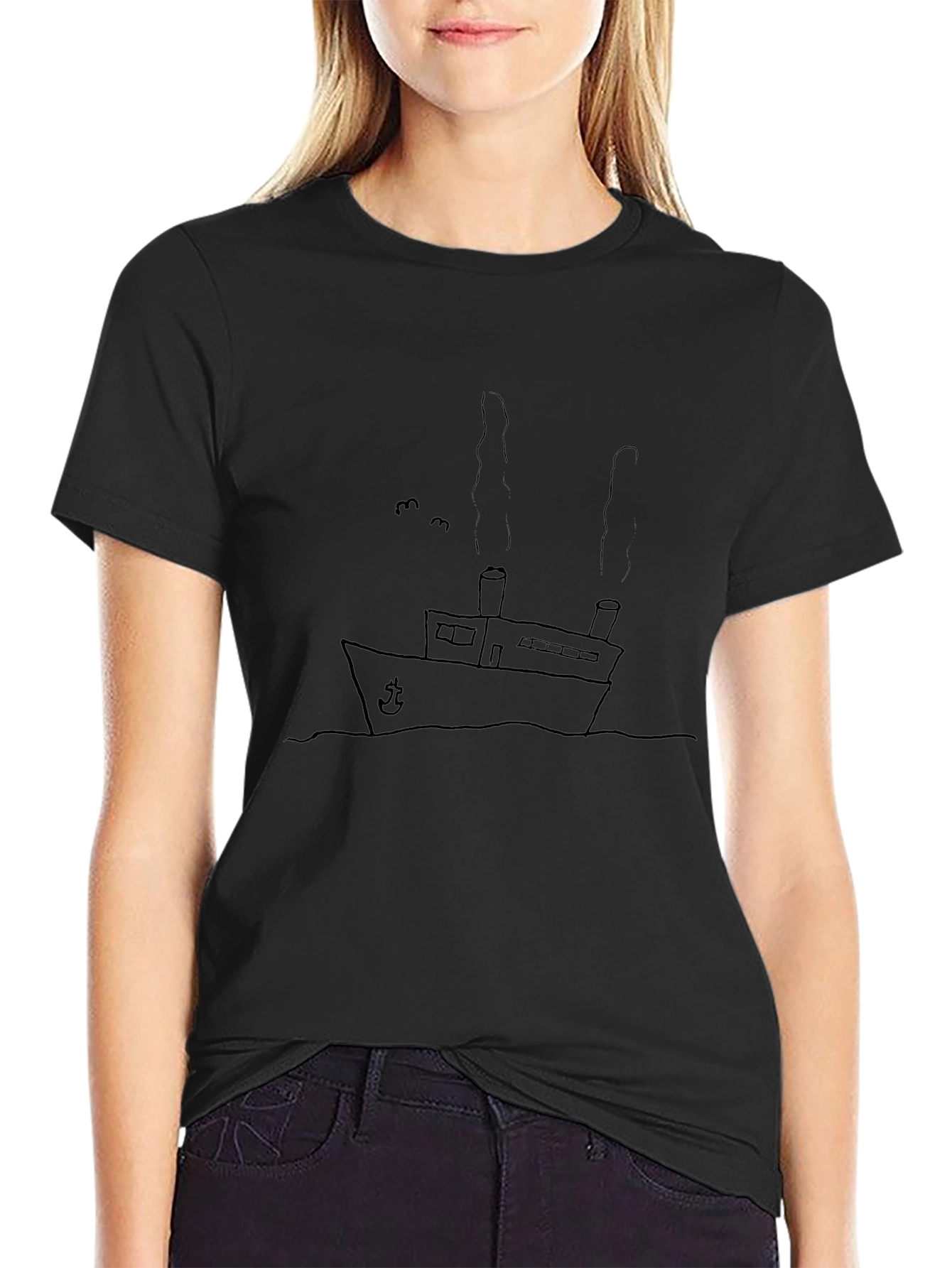 Black T-Shirt with Ship Graphic