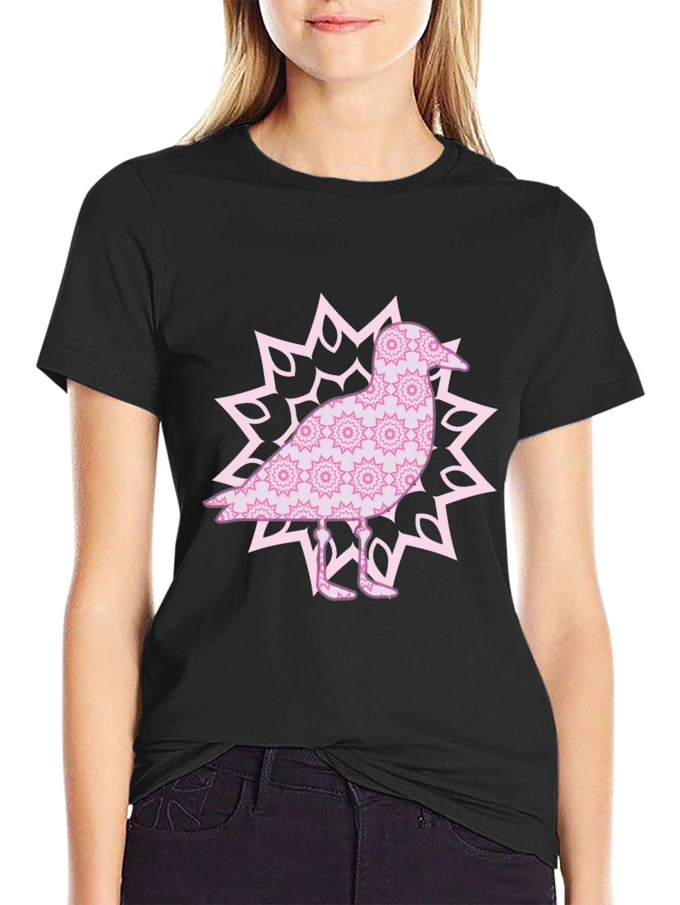 Bird Mandala Graphic Tee - Black Cotton Casual Top