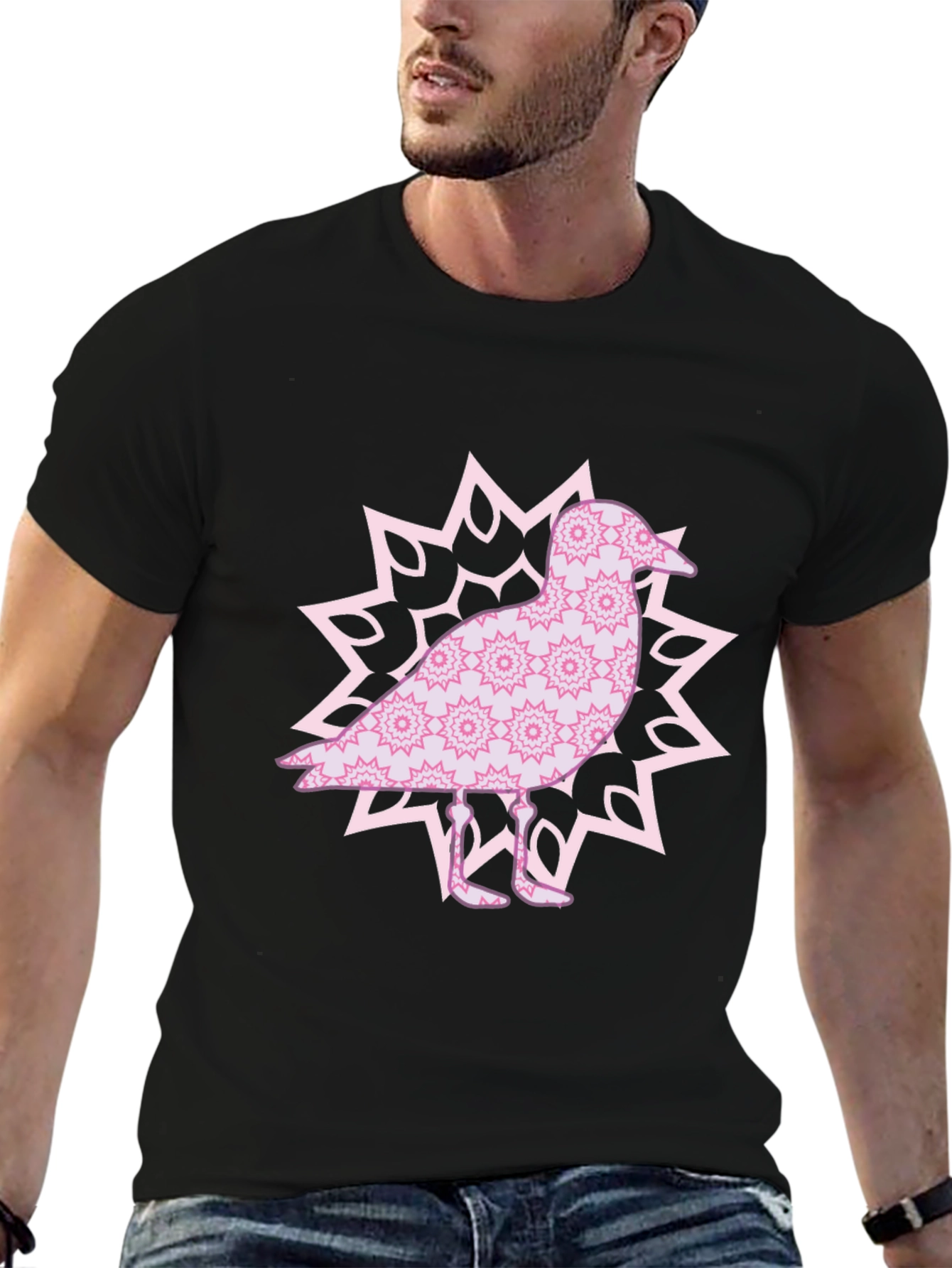 Bird Mandala Graphic Tee - Black Cotton Casual Top