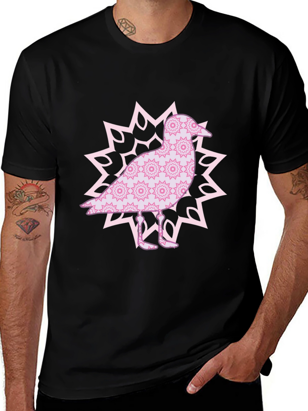 Bird Mandala Graphic Tee - Black Cotton Casual Top