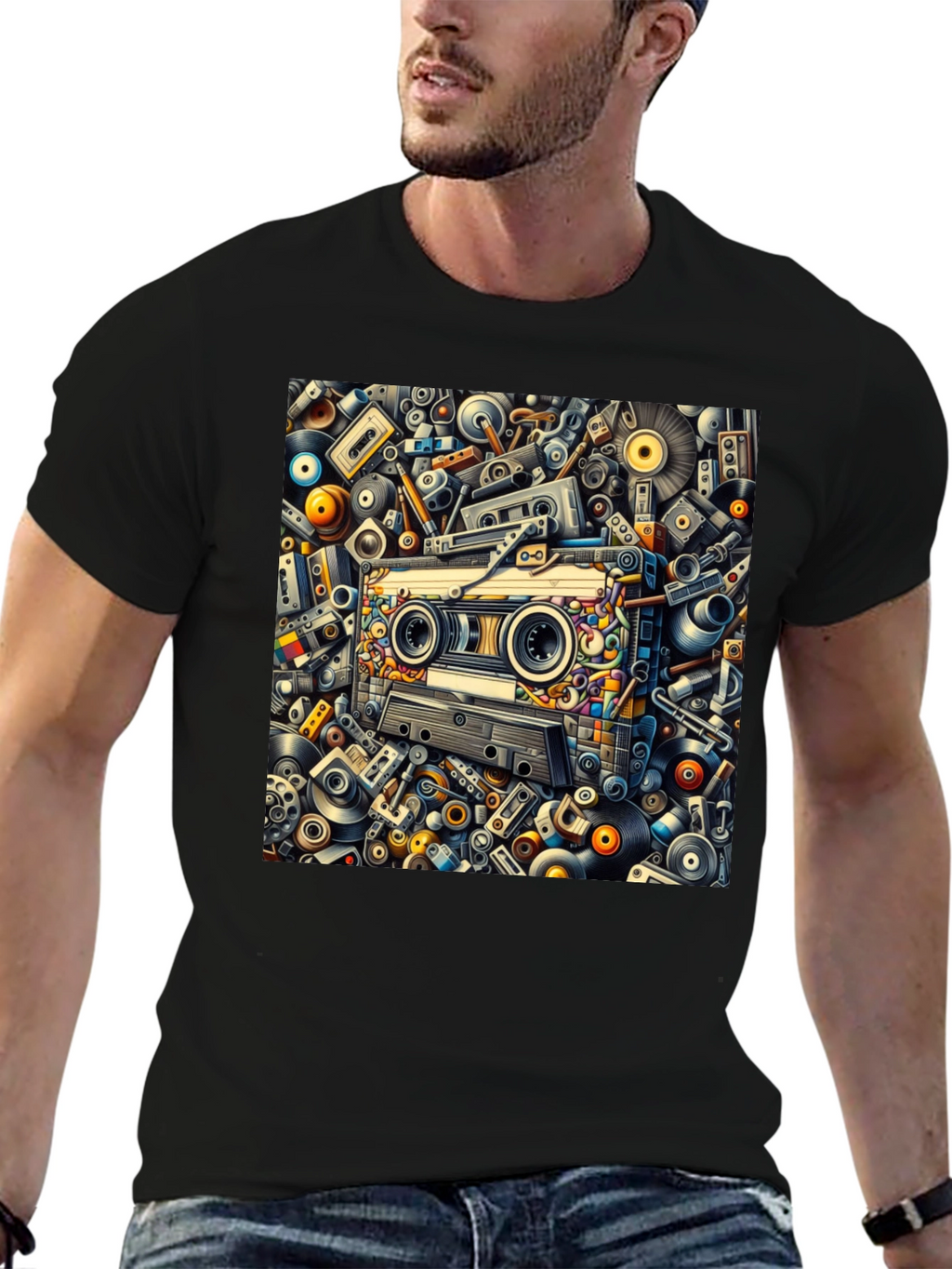 Retro Music Cassette Tape Design Black T-Shirt