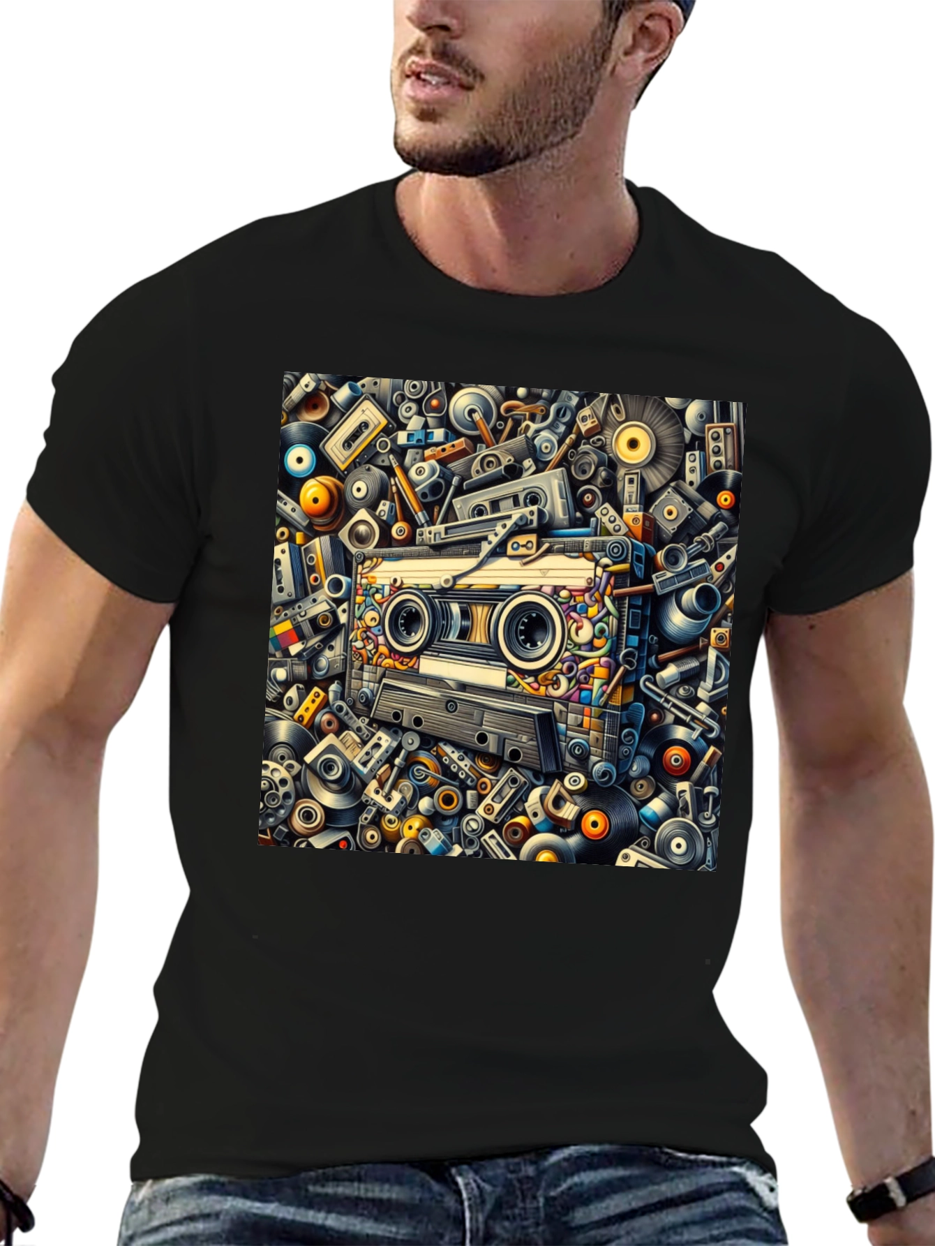 Retro Music Cassette Tape Design Black T-Shirt