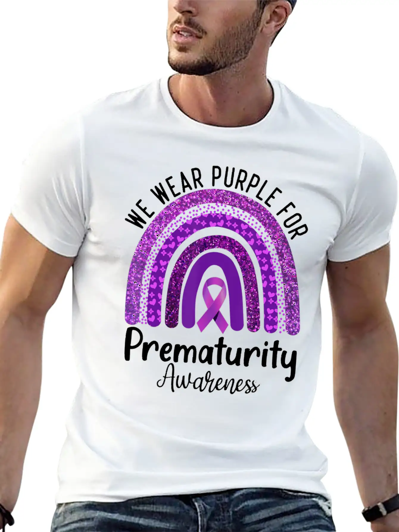 We Wear Purple Rainbow For Prematurity Awareness Stylish Everyday T-Shirt – Unisex Basic Cotton Tee