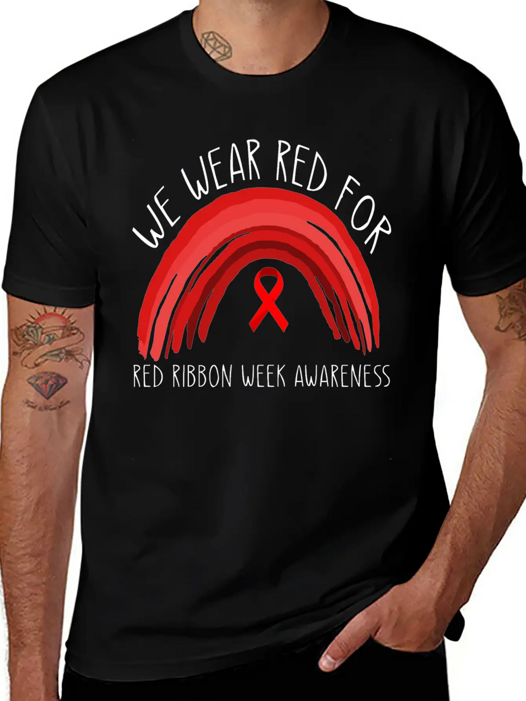 We Wear Red For Red Ribbon Week Awareness Unisex Short Sleeve Soft Cotton T-Shirt – Casual Everyday Wear