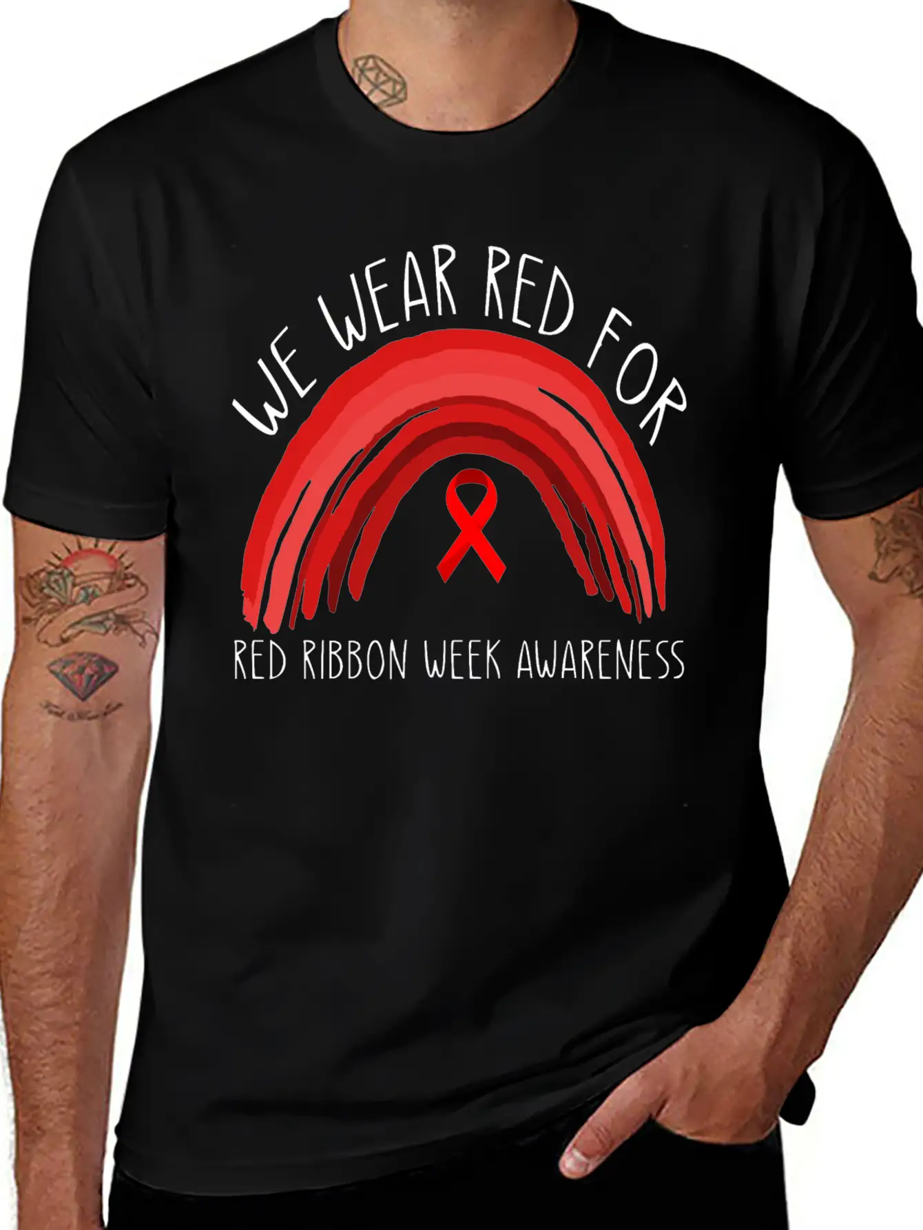 We Wear Red For Red Ribbon Week Awareness Unisex Short Sleeve Soft Cotton T-Shirt – Casual Everyday Wear