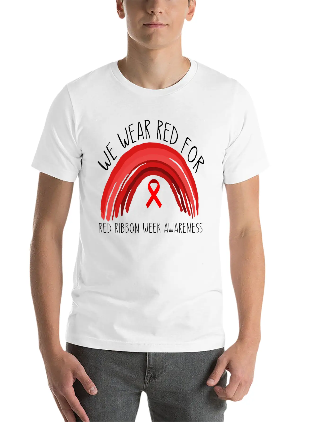 We Wear Red For Red Ribbon Week Awareness Unisex Short Sleeve Soft Cotton T-Shirt – Casual Everyday Wear