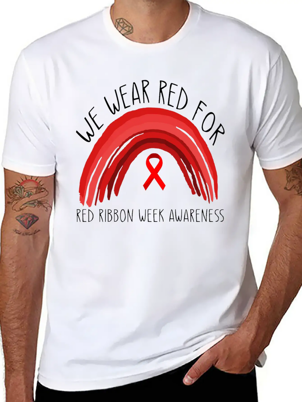 We Wear Red For Red Ribbon Week Awareness Unisex Short Sleeve Soft Cotton T-Shirt – Casual Everyday Wear