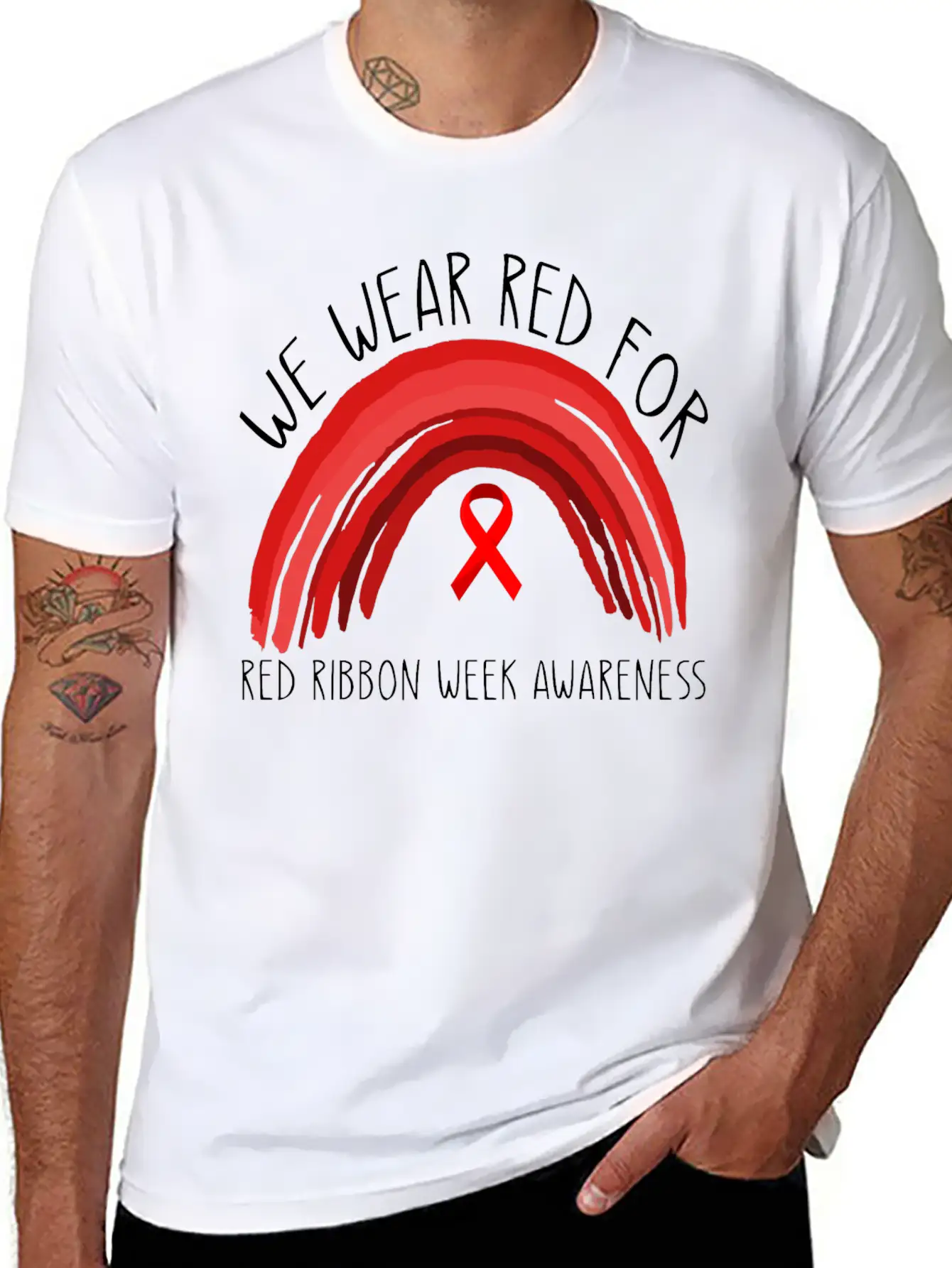 We Wear Red For Red Ribbon Week Awareness Unisex Short Sleeve Soft Cotton T-Shirt – Casual Everyday Wear