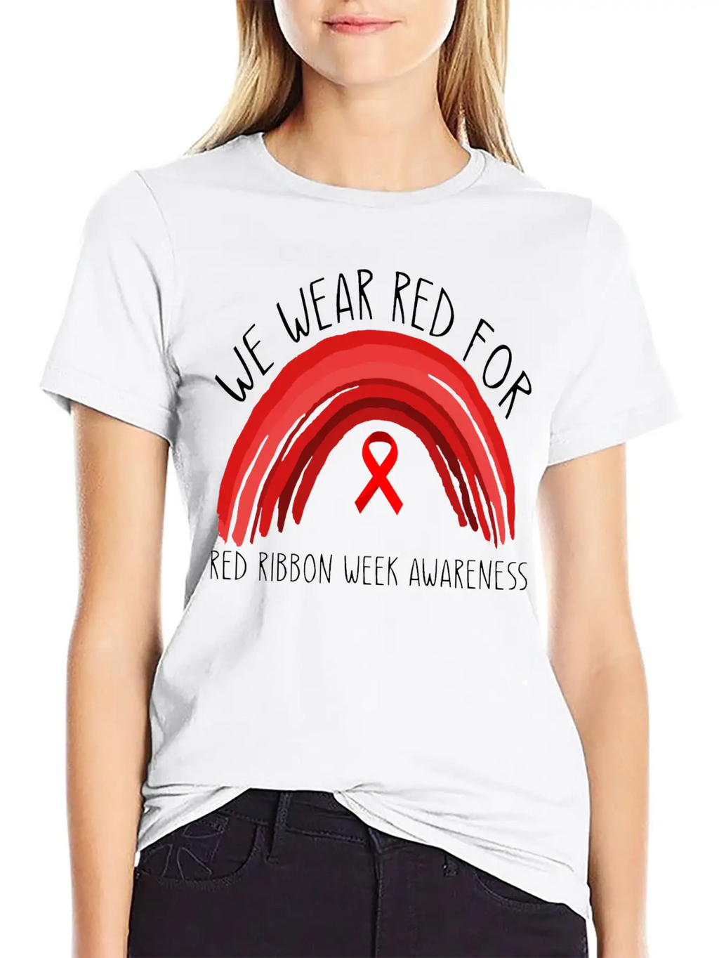 We Wear Red For Red Ribbon Week Awareness Unisex Short Sleeve Soft Cotton T-Shirt – Casual Everyday Wear