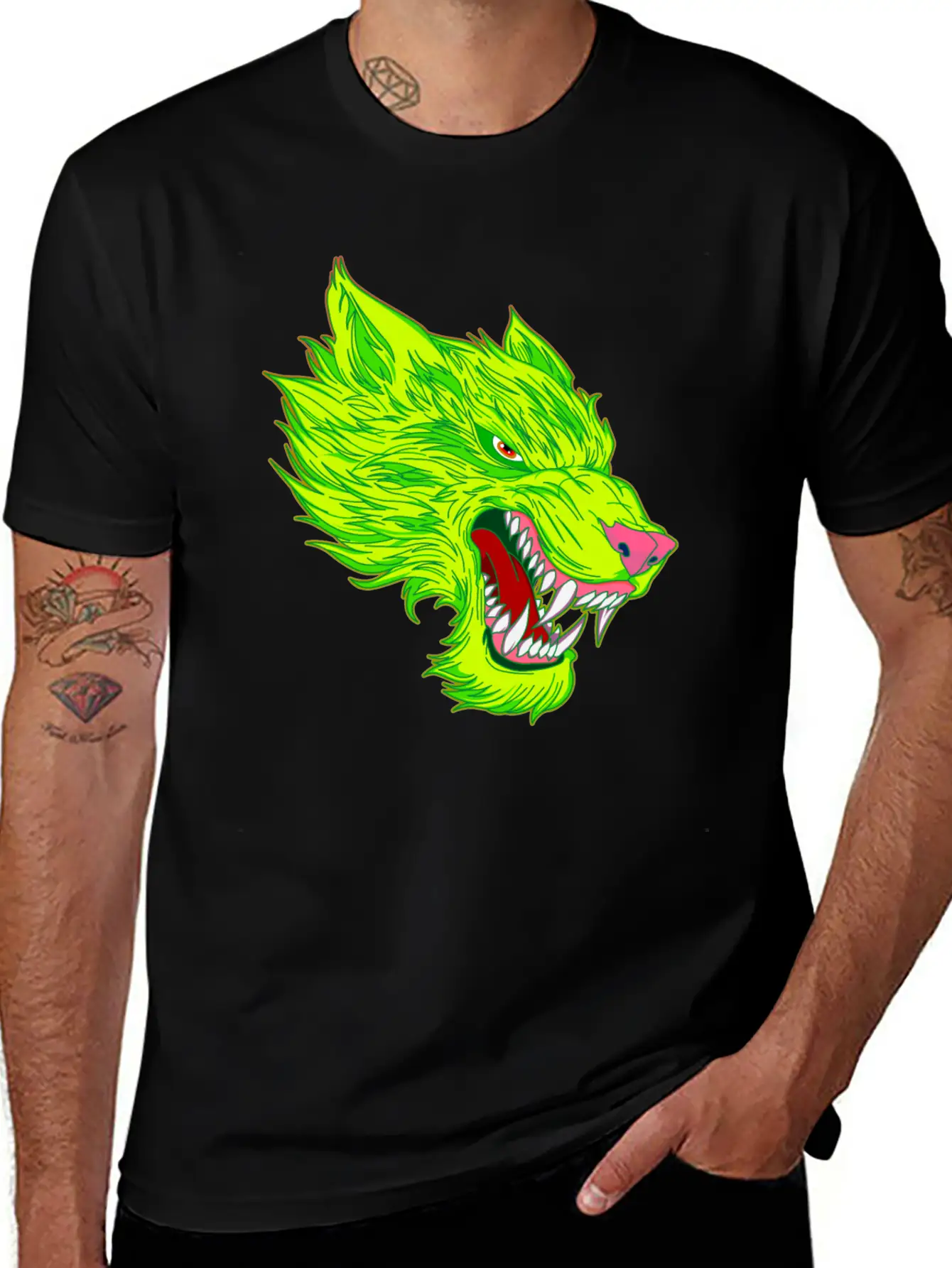 Werewolf Wolf Head Green Tattoo Graffiti Unisex Casual T-Shirt – Clean Design For Daily Comfort