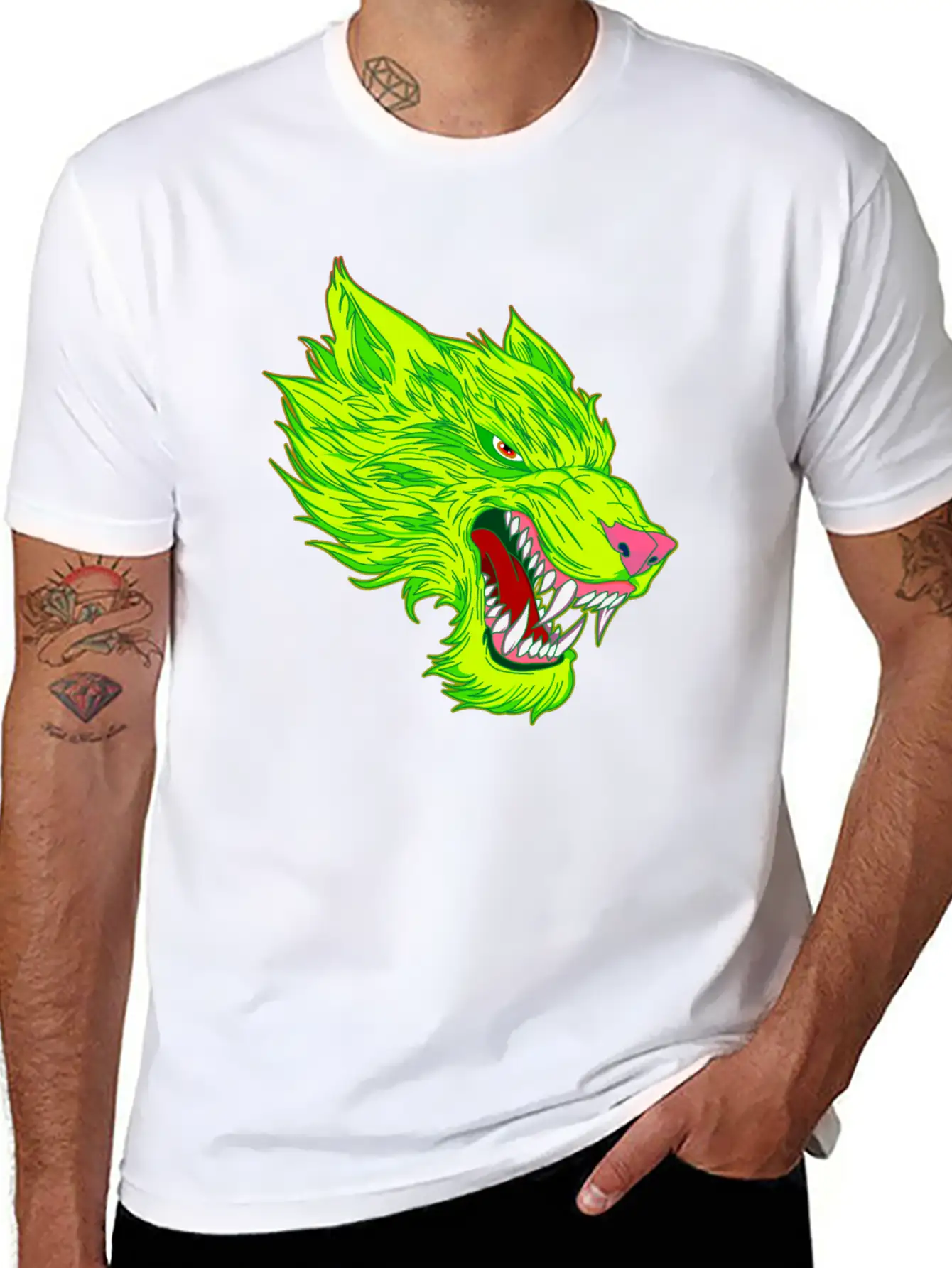 Werewolf Wolf Head Green Tattoo Graffiti Unisex Casual T-Shirt – Clean Design For Daily Comfort