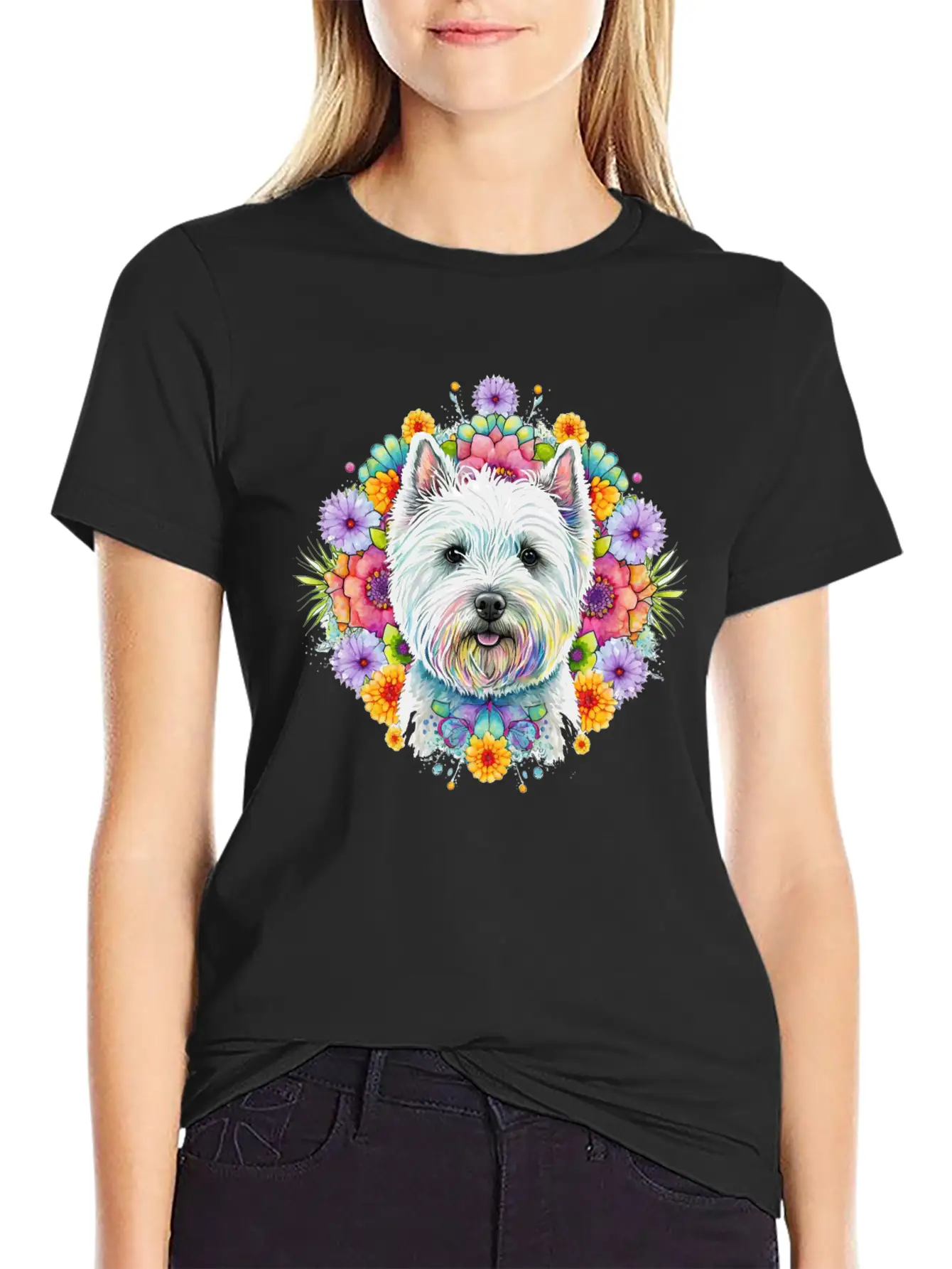 Westie Cute Face Floral Unisex Short Sleeve Soft Cotton T-Shirt – Casual Everyday Wear