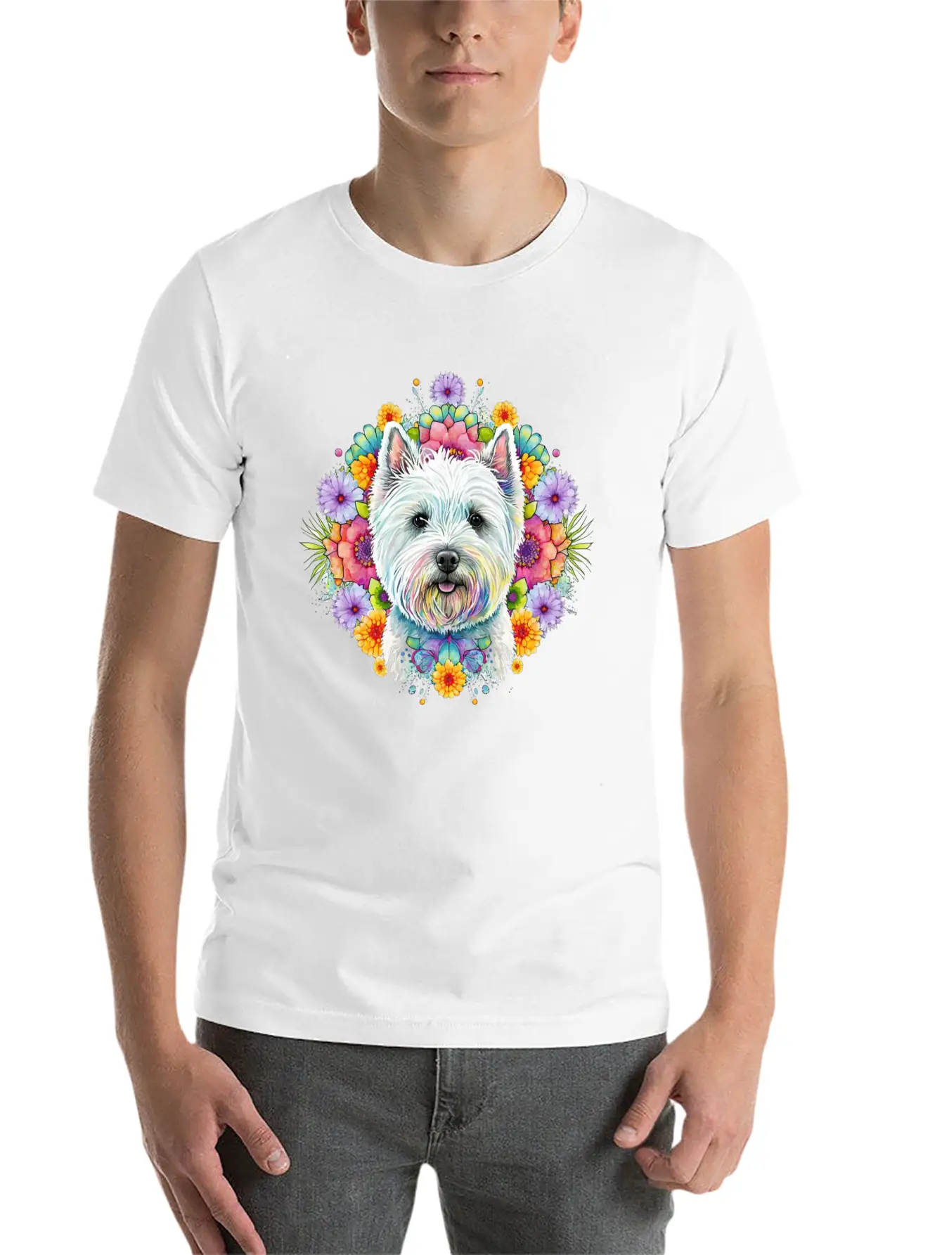 Westie Cute Face Floral Unisex Short Sleeve Soft Cotton T-Shirt – Casual Everyday Wear