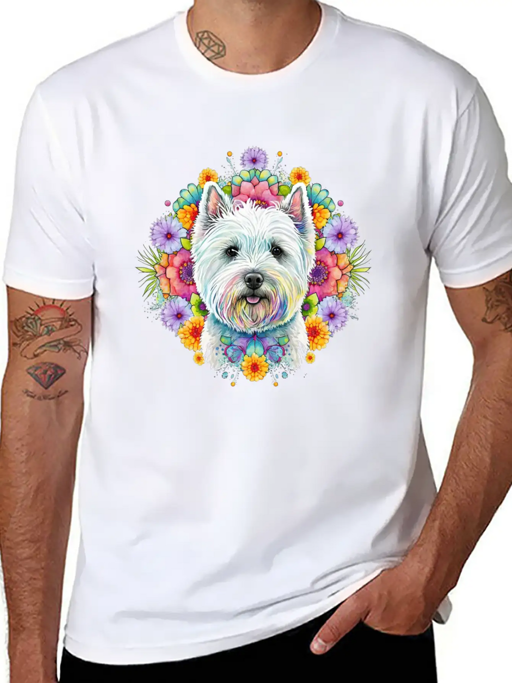 Westie Cute Face Floral Unisex Short Sleeve Soft Cotton T-Shirt – Casual Everyday Wear