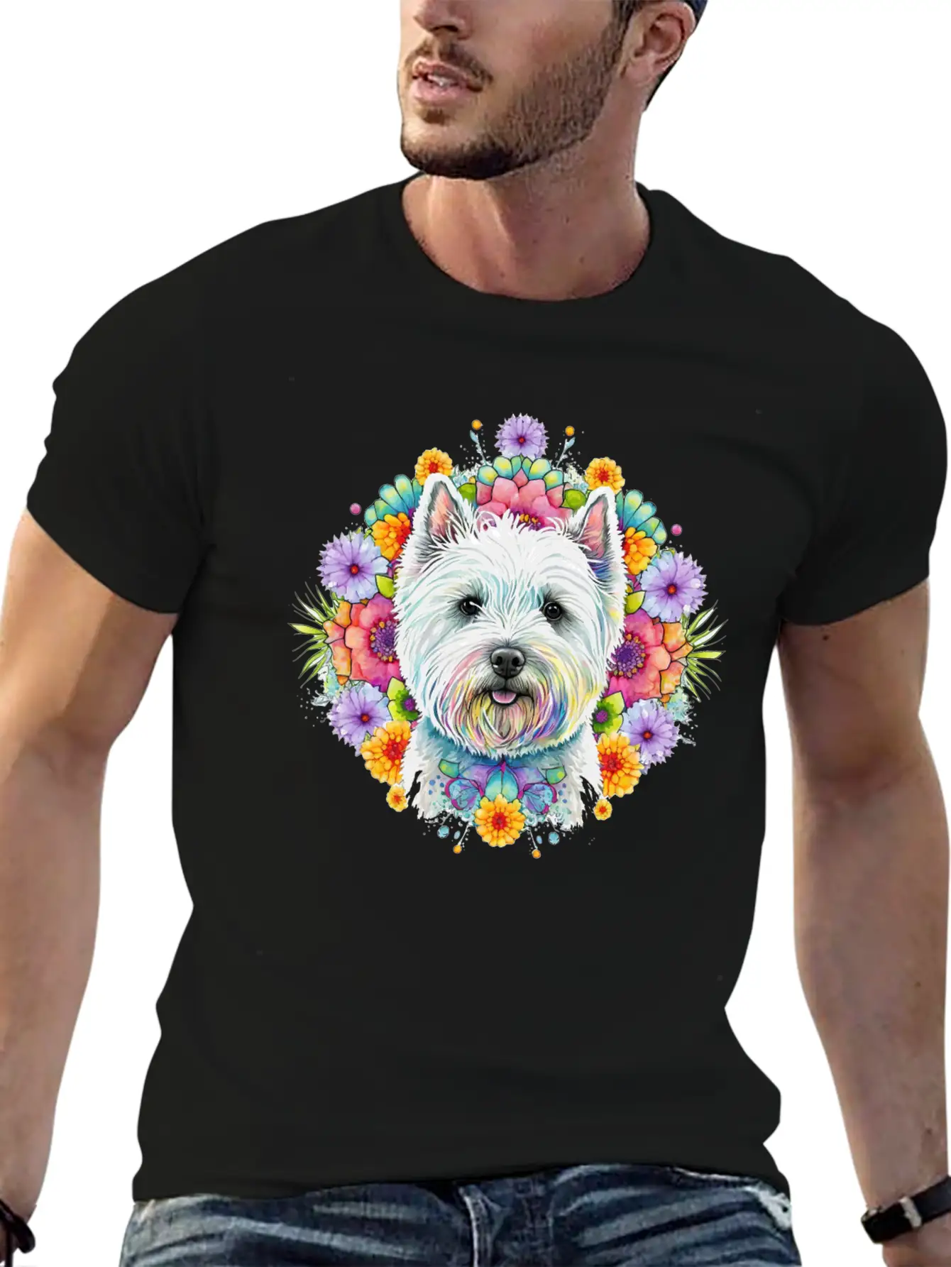 Westie Cute Face Floral Unisex Short Sleeve Soft Cotton T-Shirt – Casual Everyday Wear