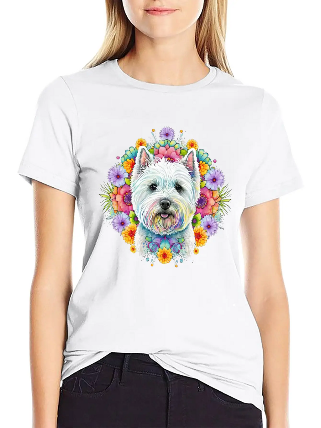 Westie Cute Face Floral Unisex Short Sleeve Soft Cotton T-Shirt – Casual Everyday Wear