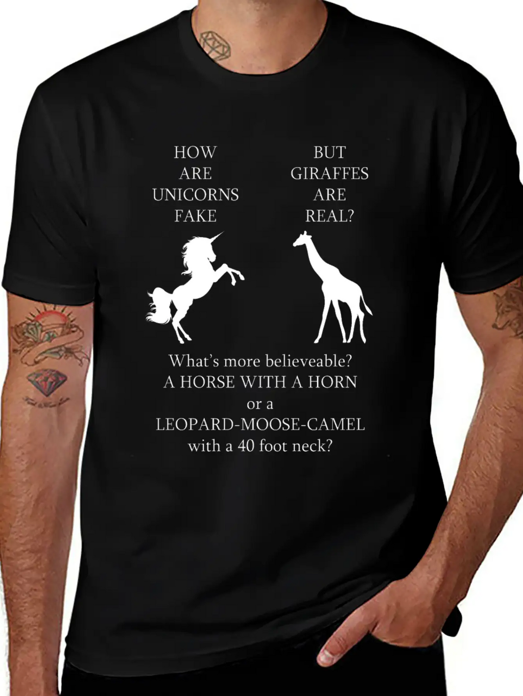 Whats More Real Giraffe Or Unicorn Funny Thought Unisex Short Sleeve Soft Cotton T-Shirt – Casual Everyday Wear