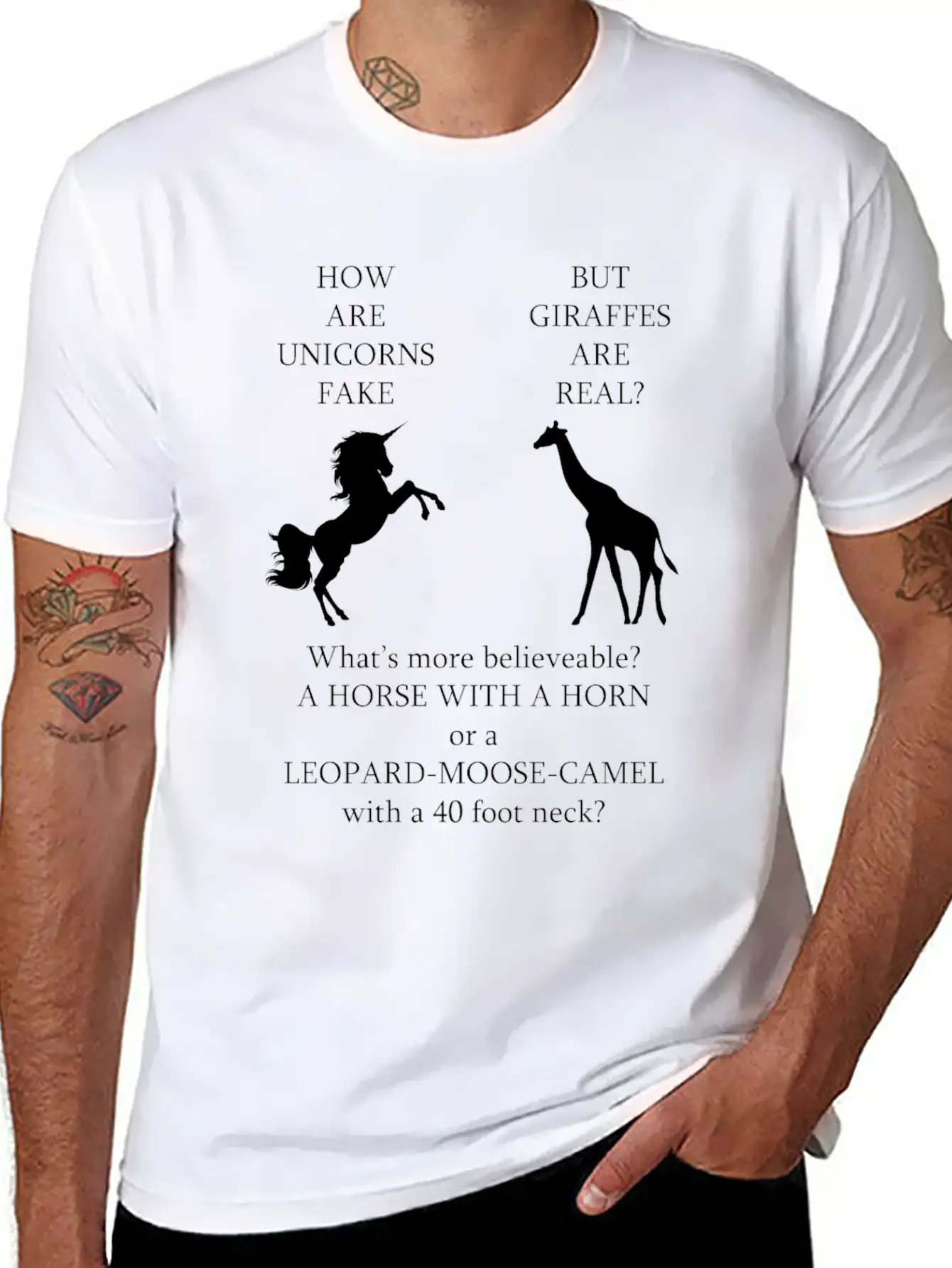 Whats More Real Giraffe Or Unicorn Funny Thought Unisex Short Sleeve Soft Cotton T-Shirt – Casual Everyday Wear