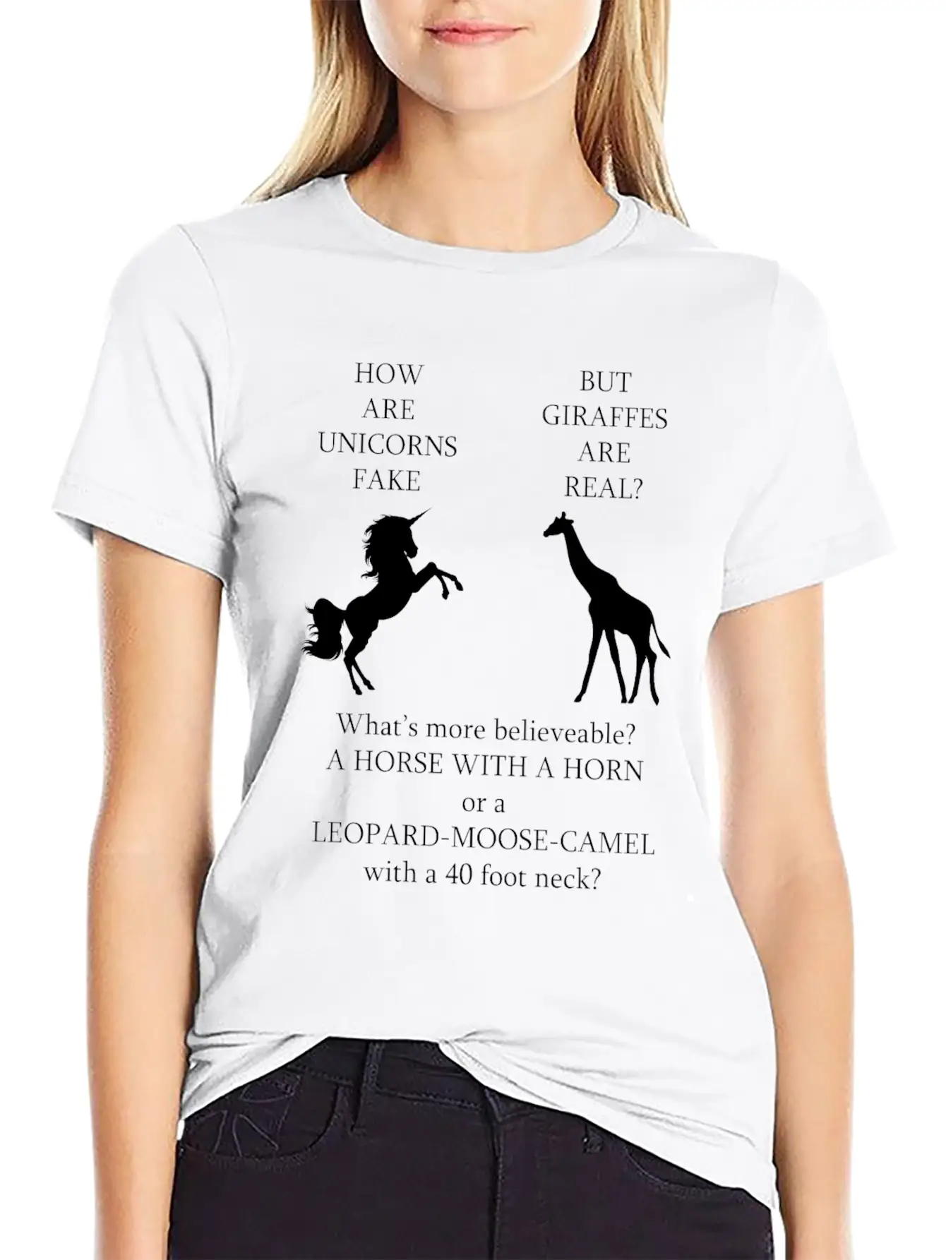Whats More Real Giraffe Or Unicorn Funny Thought Unisex Short Sleeve Soft Cotton T-Shirt – Casual Everyday Wear