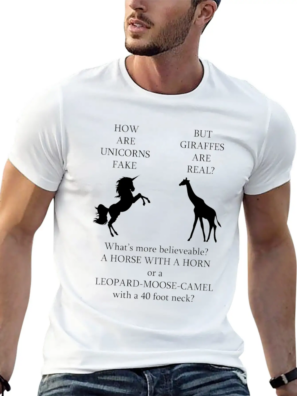 Whats More Real Giraffe Or Unicorn Funny Thought Unisex Short Sleeve Soft Cotton T-Shirt – Casual Everyday Wear