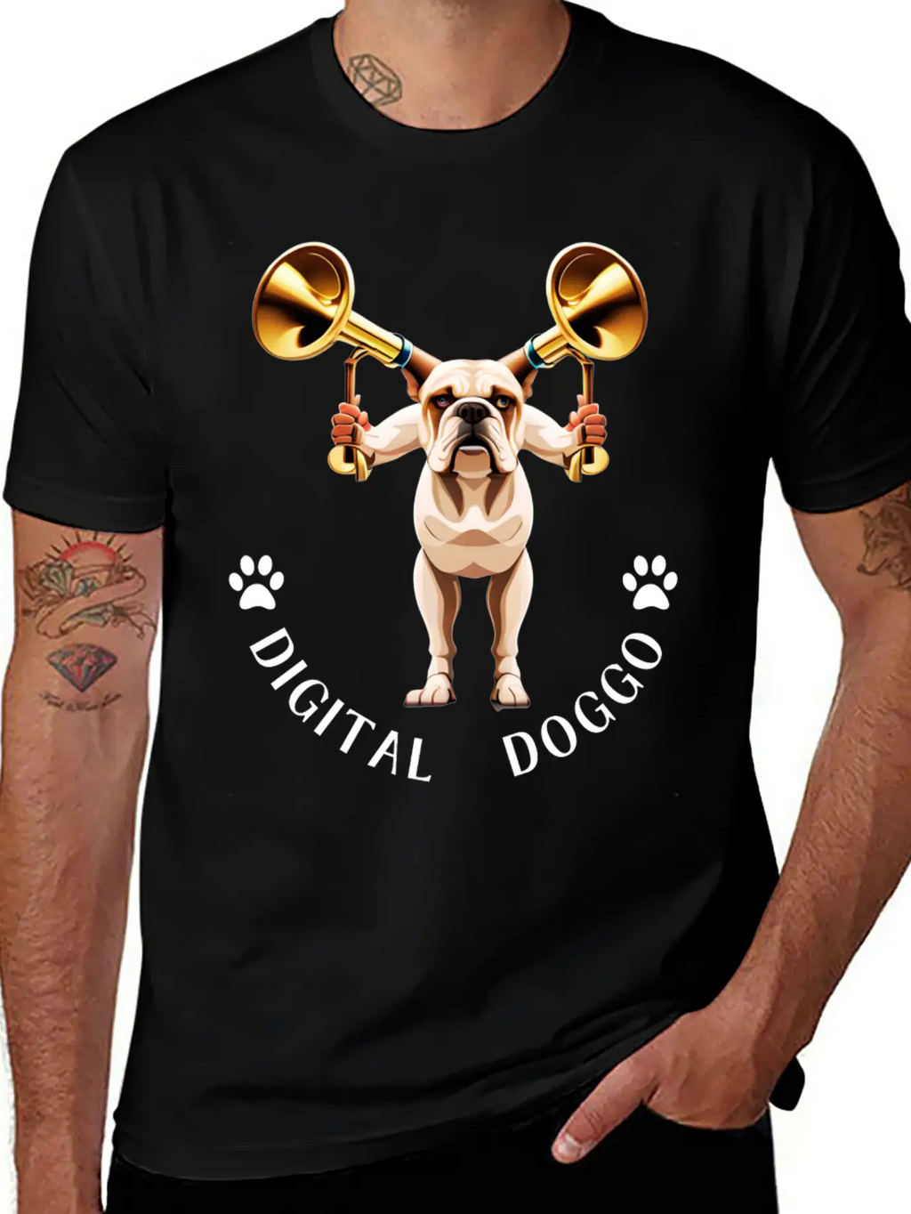 Whimsical Robotic Bulldog With Trumpet - Digital Casual Graphic T-Shirt – Simple And Comfortable Daily Wear